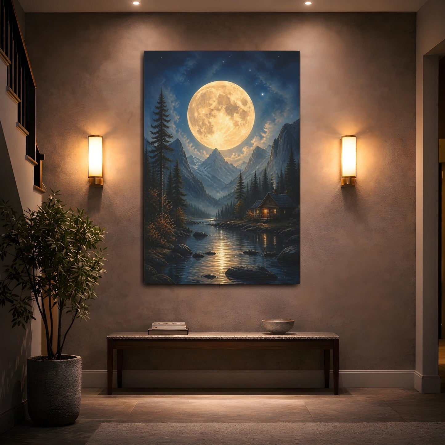 Nature Full Moon Moonlit Landscape Canvas Wall Art Print – realistic Living Room, Above Console Table - YesArtYes