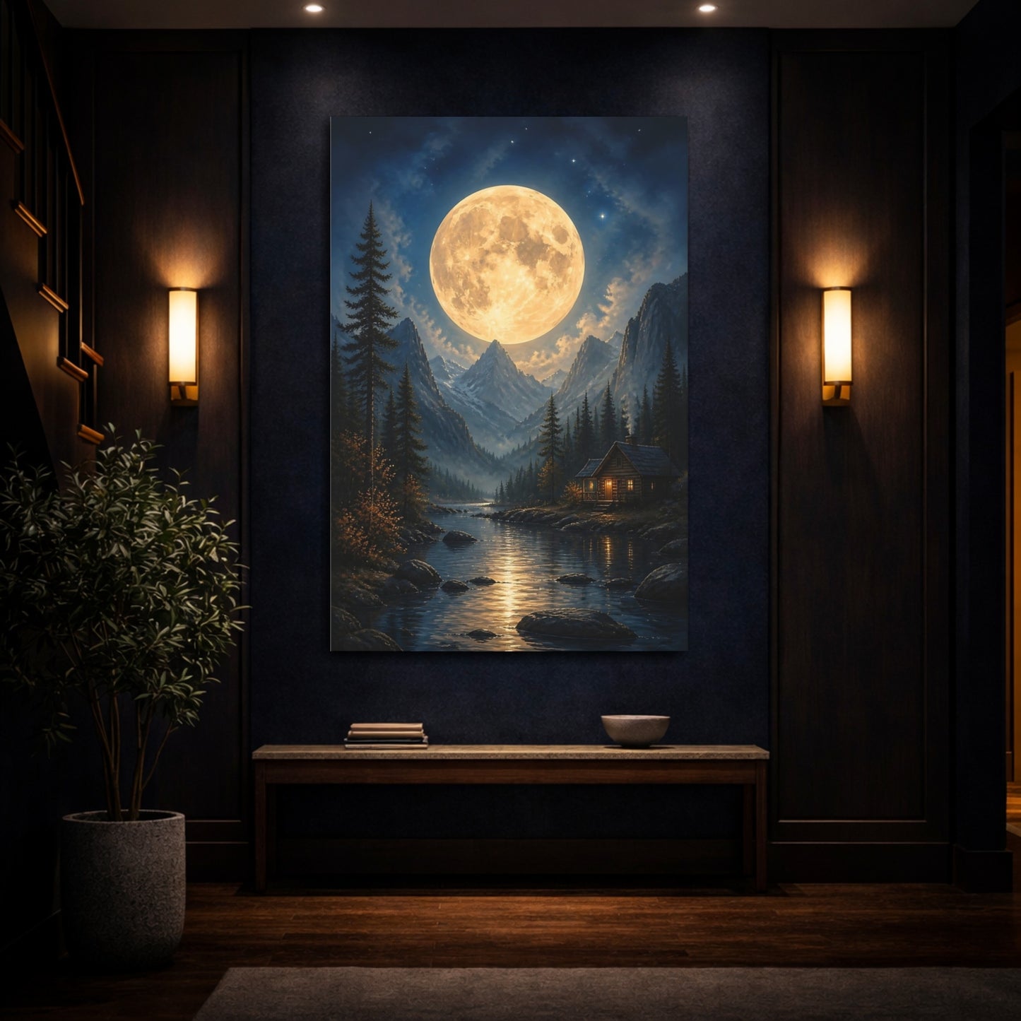 Mockup 4. Nature Full Moon Moonlit Landscape shown as stretched canvas wall art