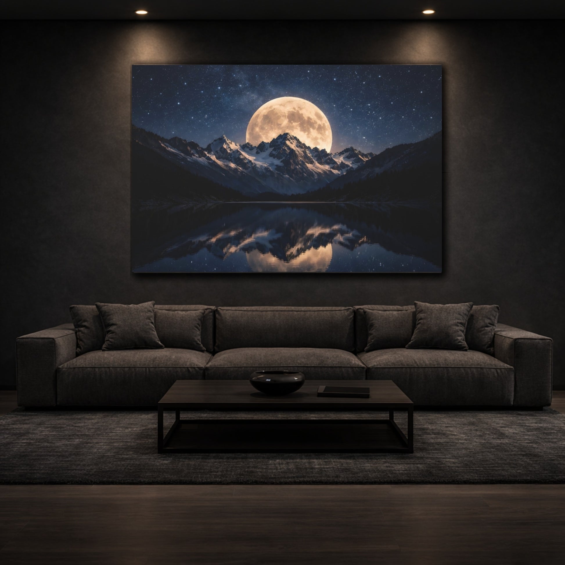 Nature Full Moon Moonlit Mountains shown as front canvas room wall art