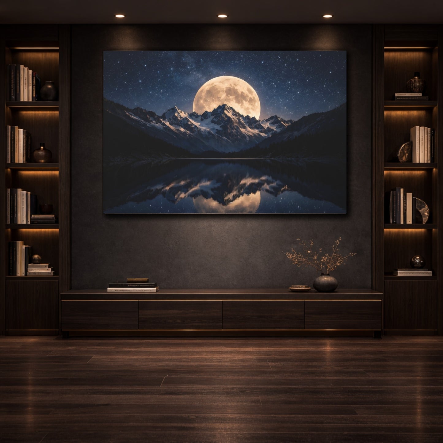 Nature Full Moon Moonlit Mountains shown as front canvas room wall art