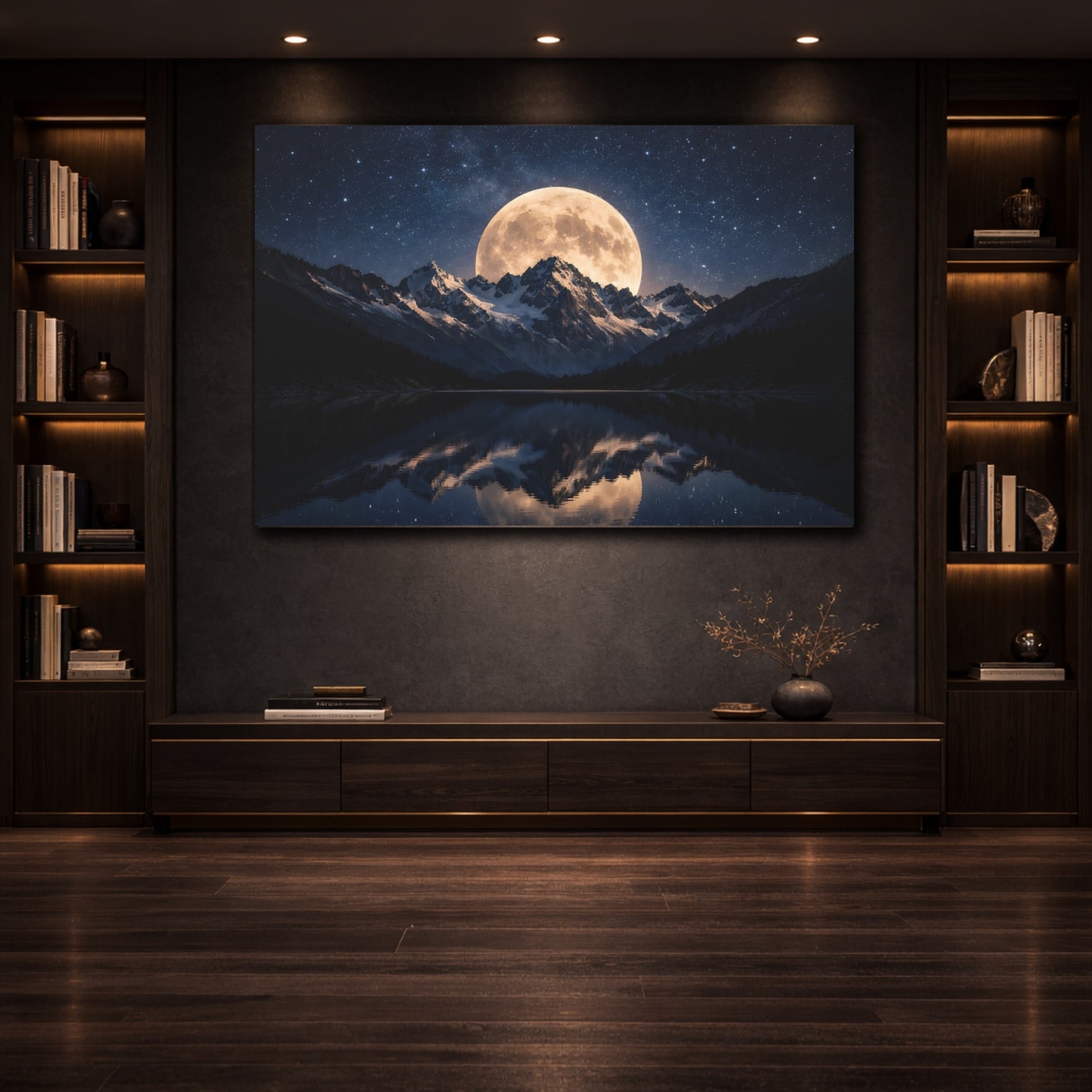 Nature Full Moon Moonlit Mountains shown as front canvas room wall art