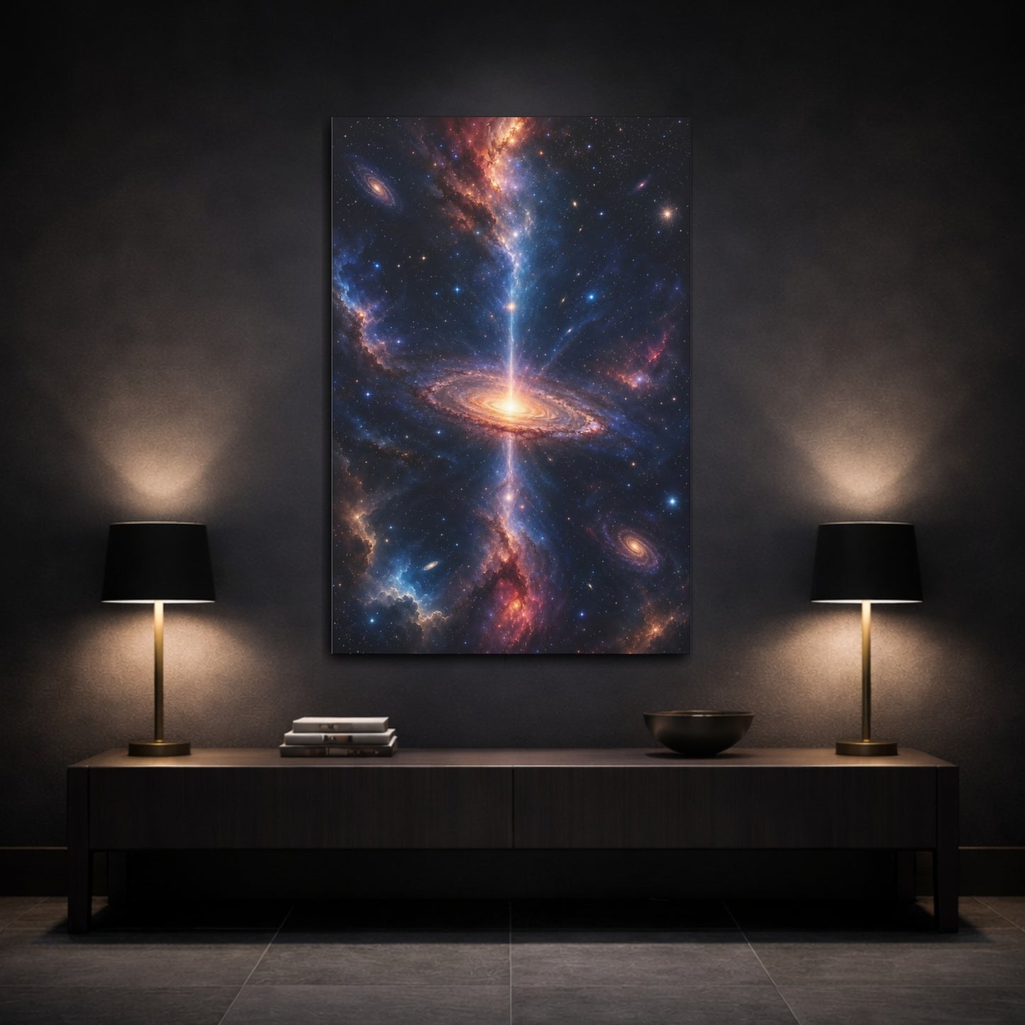 Mockup 3. Nature Galaxy Blue Orange Galaxy shown as stretched canvas wall art