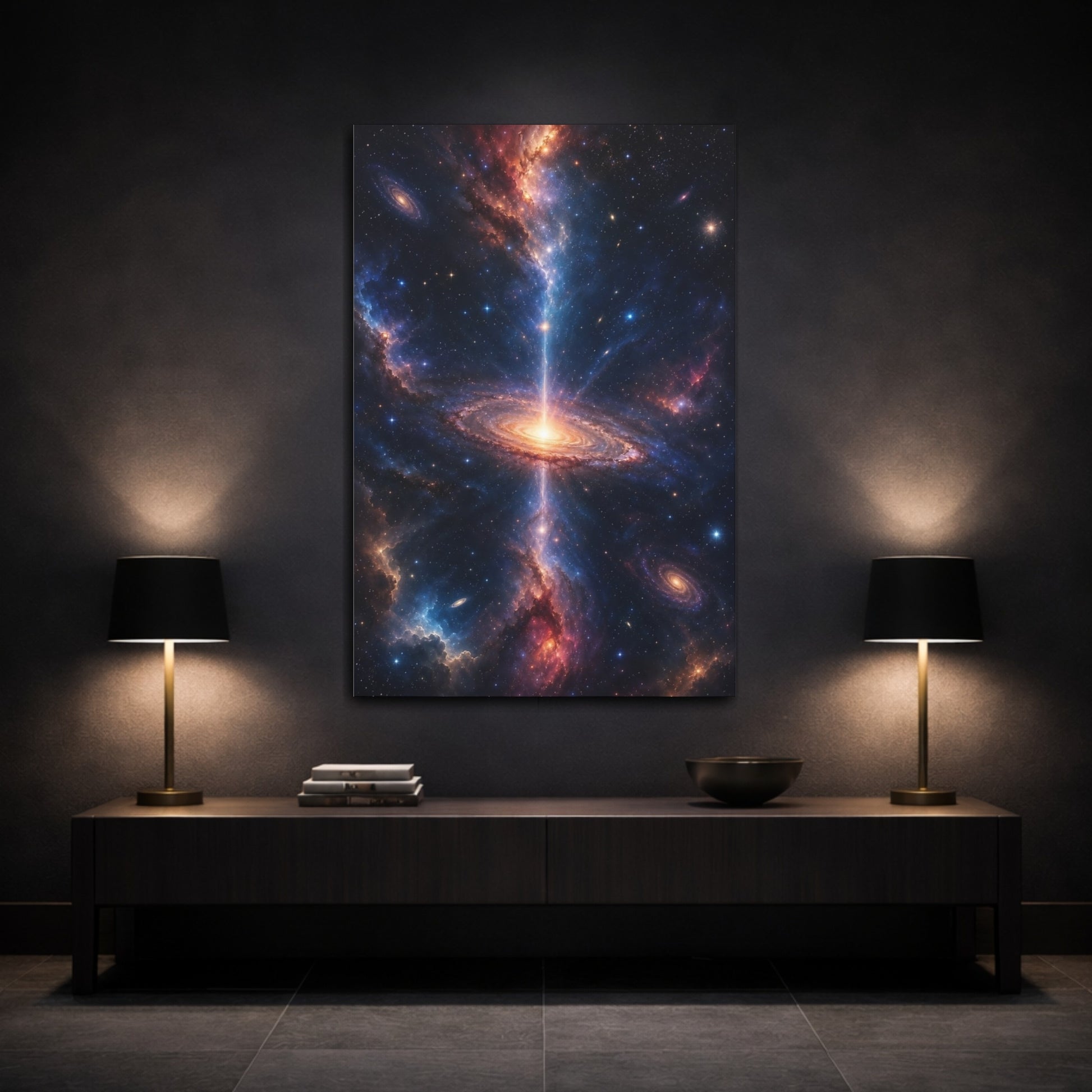 Mockup 3. Nature Galaxy Blue Orange Galaxy shown as stretched canvas wall art