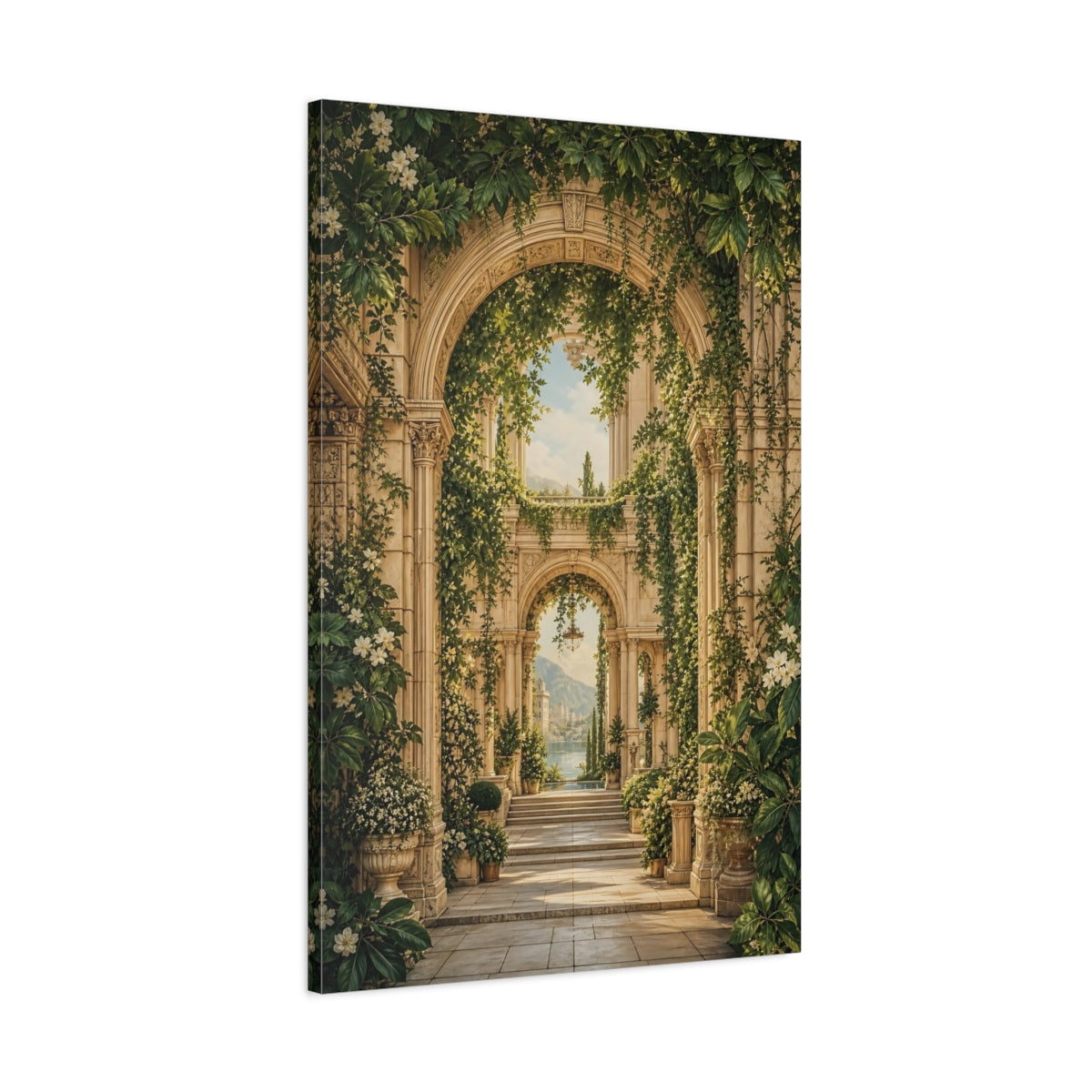 Main Mockup. Nature Garden Archway Green And Gold Archway shown as stretched canvas wall art