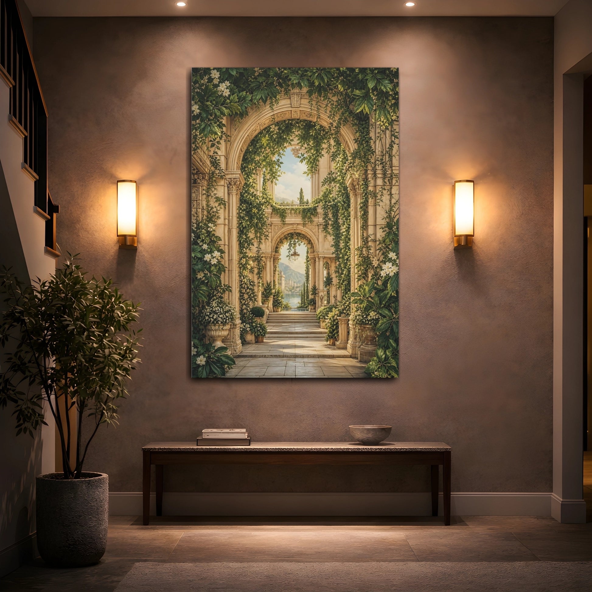 Mockup 2. Nature Garden Archway Green And Gold Archway shown as stretched canvas wall art