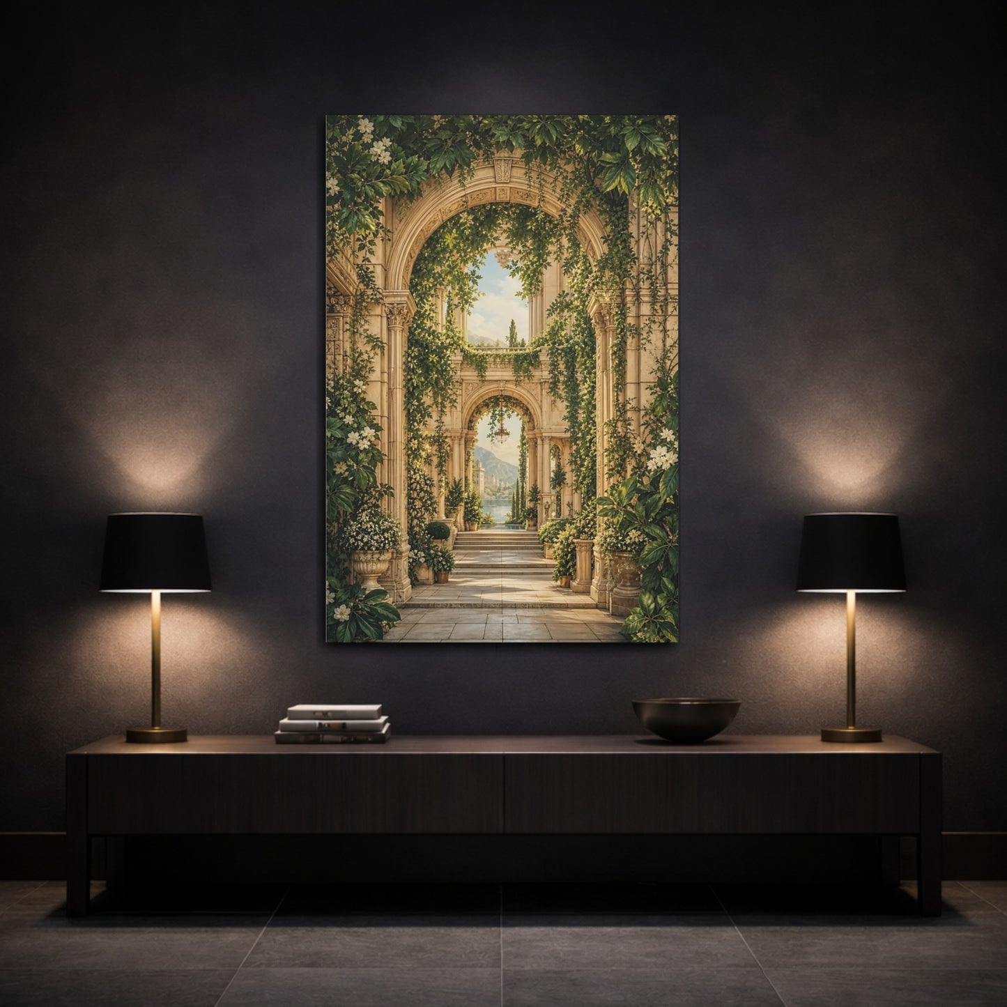 Mockup 3. Nature Garden Archway Green And Gold Archway shown as stretched canvas wall art