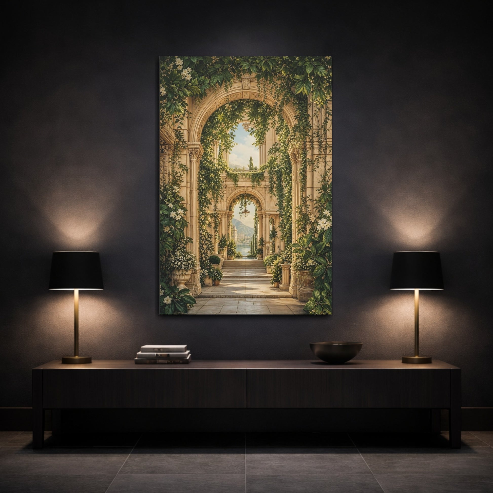 Mockup 3. Nature Garden Archway Green And Gold Archway shown as stretched canvas wall art