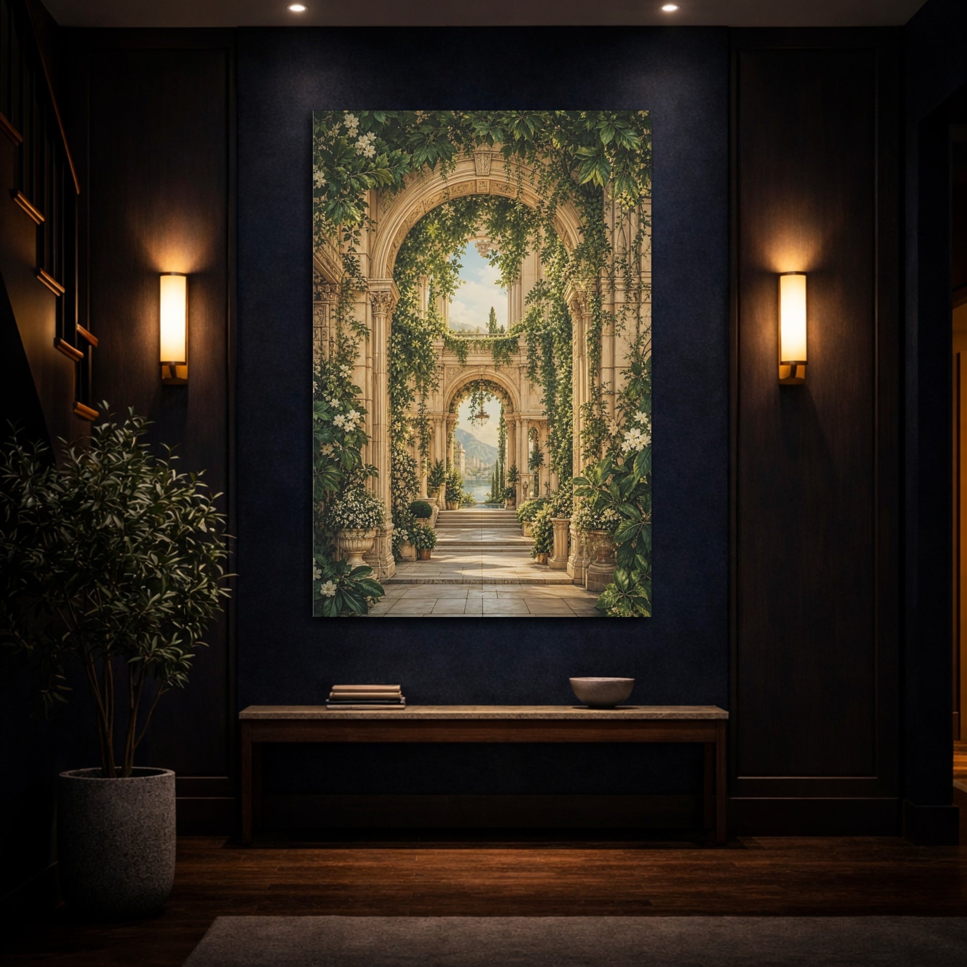 Mockup 4. Nature Garden Archway Green And Gold Archway shown as stretched canvas wall art