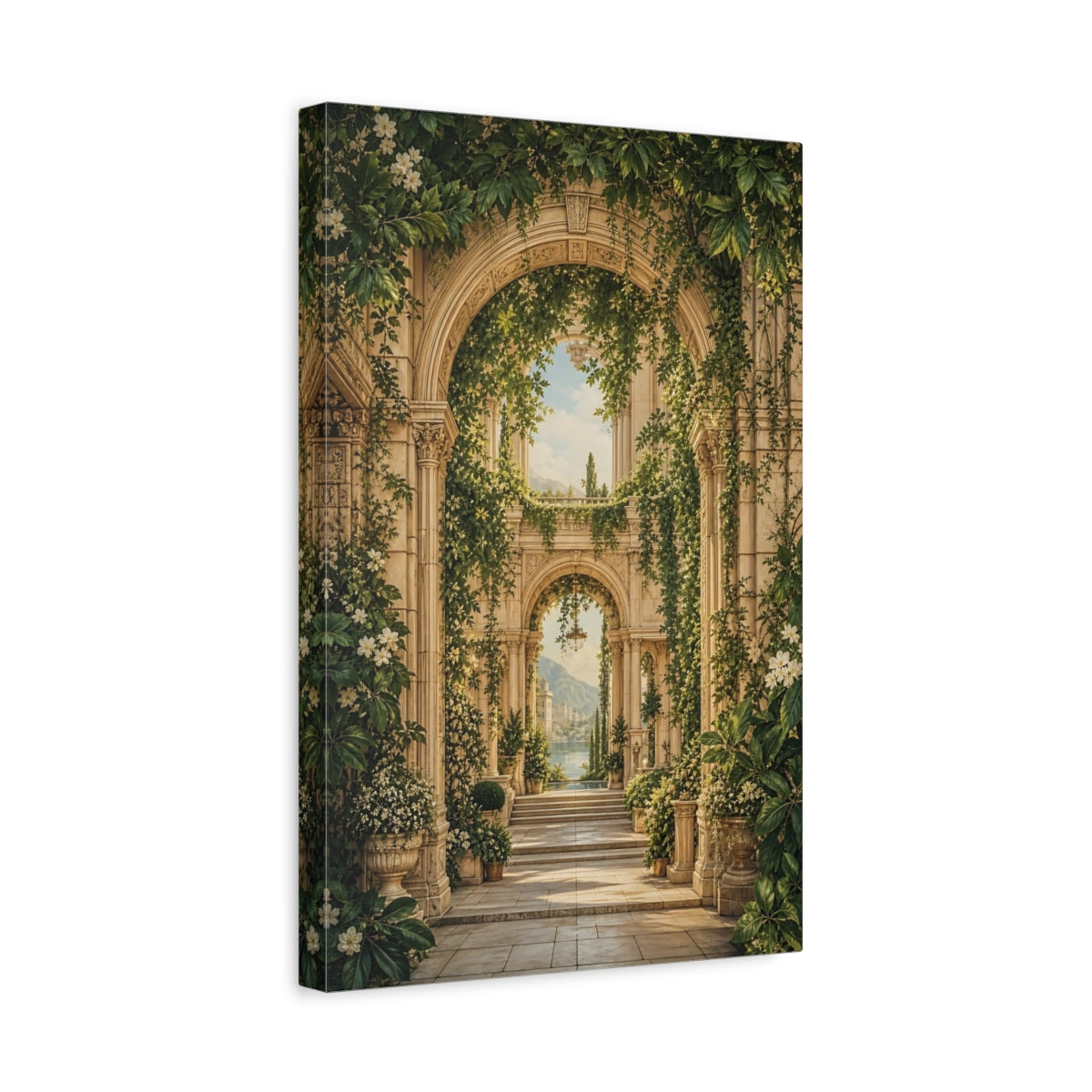 Side Mockup 4. Nature Garden Archway Green And Gold Archway shown as stretched canvas wall art