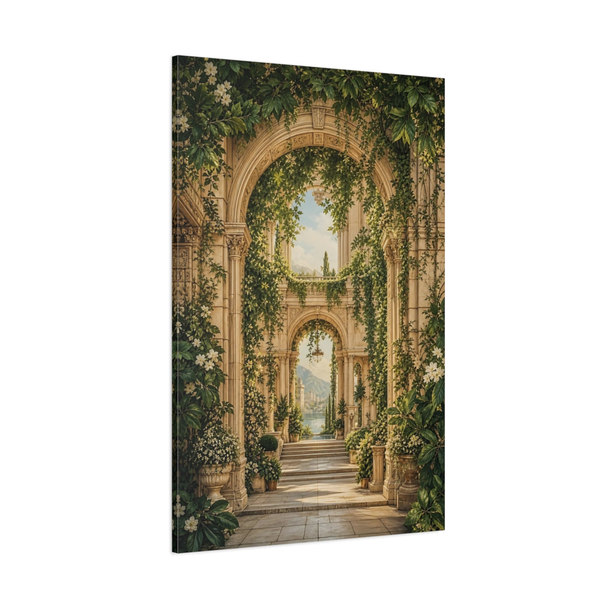 Side Mockup 1. Nature Garden Archway Green And Gold Archway shown as stretched canvas wall art