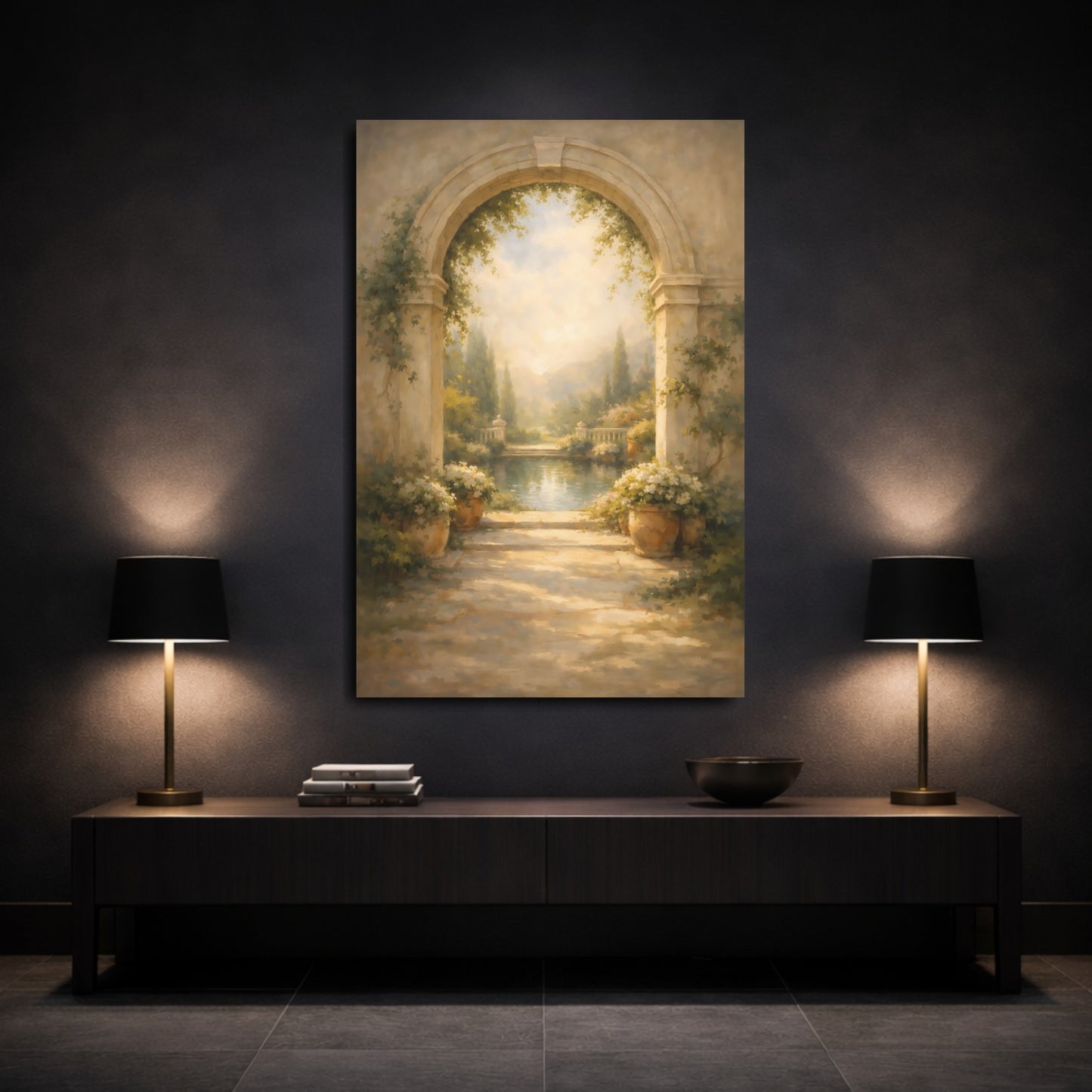 Mockup 2. Nature Garden Archway Warm Garden Archway shown as stretched canvas wall art