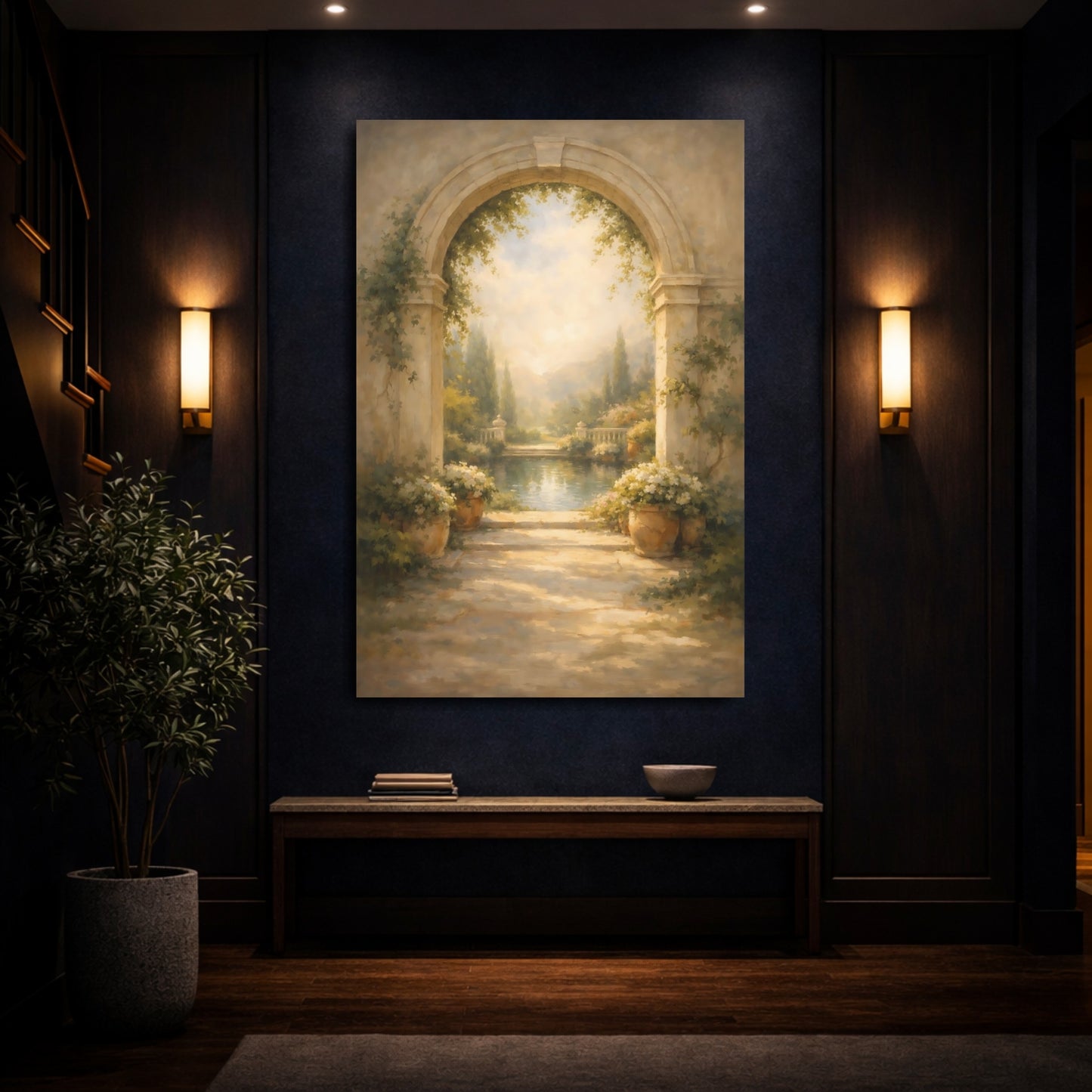 Mockup 3. Nature Garden Archway Warm Garden Archway shown as stretched canvas wall art