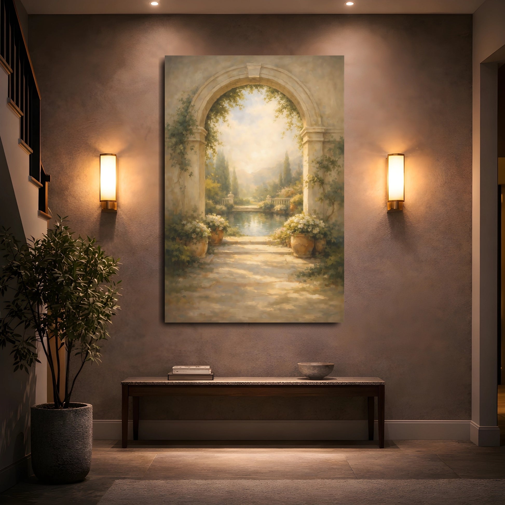 Mockup 4. Nature Garden Archway Warm Garden Archway shown as stretched canvas wall art
