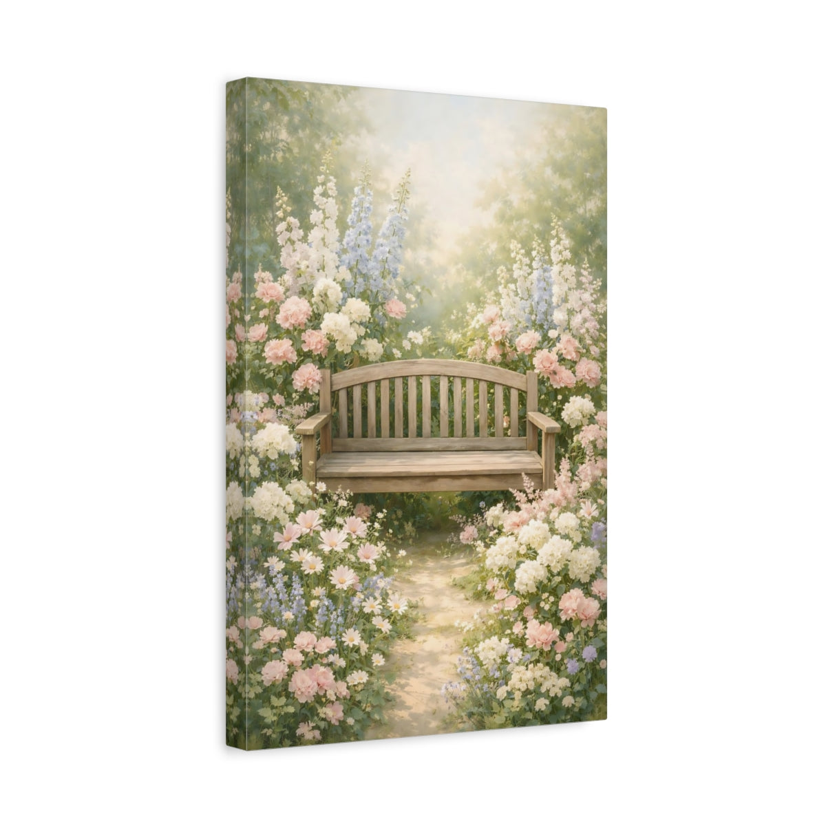 Side Mockup 4. Nature Garden Bench Pastel Garden shown as stretched canvas wall art