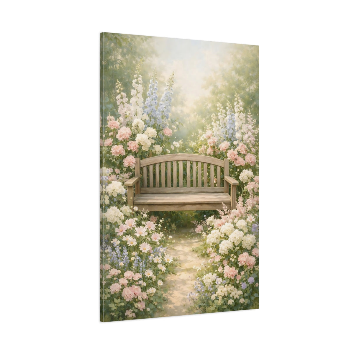 Main Mockup. Nature Garden Bench Pastel Garden shown as stretched canvas wall art