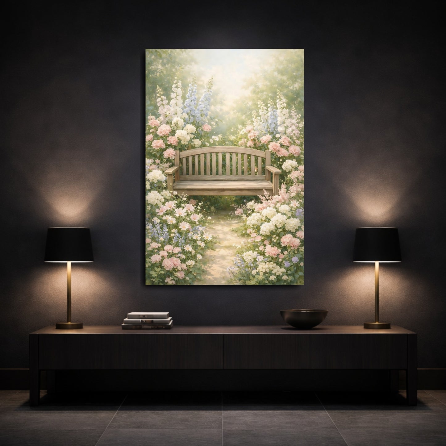 Mockup 2. Nature Garden Bench Pastel Garden shown as stretched canvas wall art