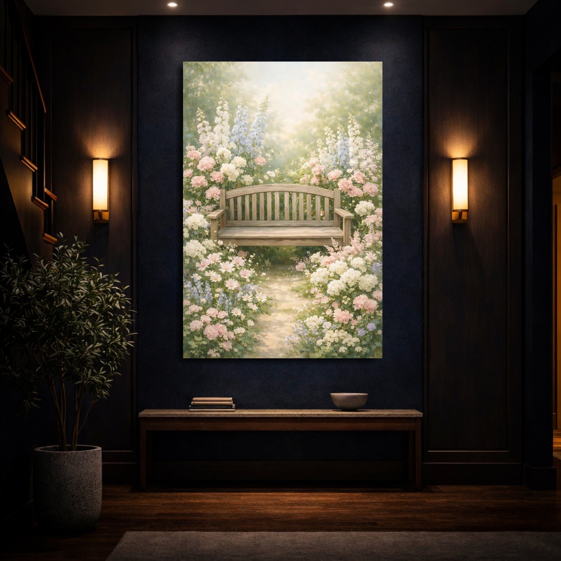 Mockup 3. Nature Garden Bench Pastel Garden shown as stretched canvas wall art
