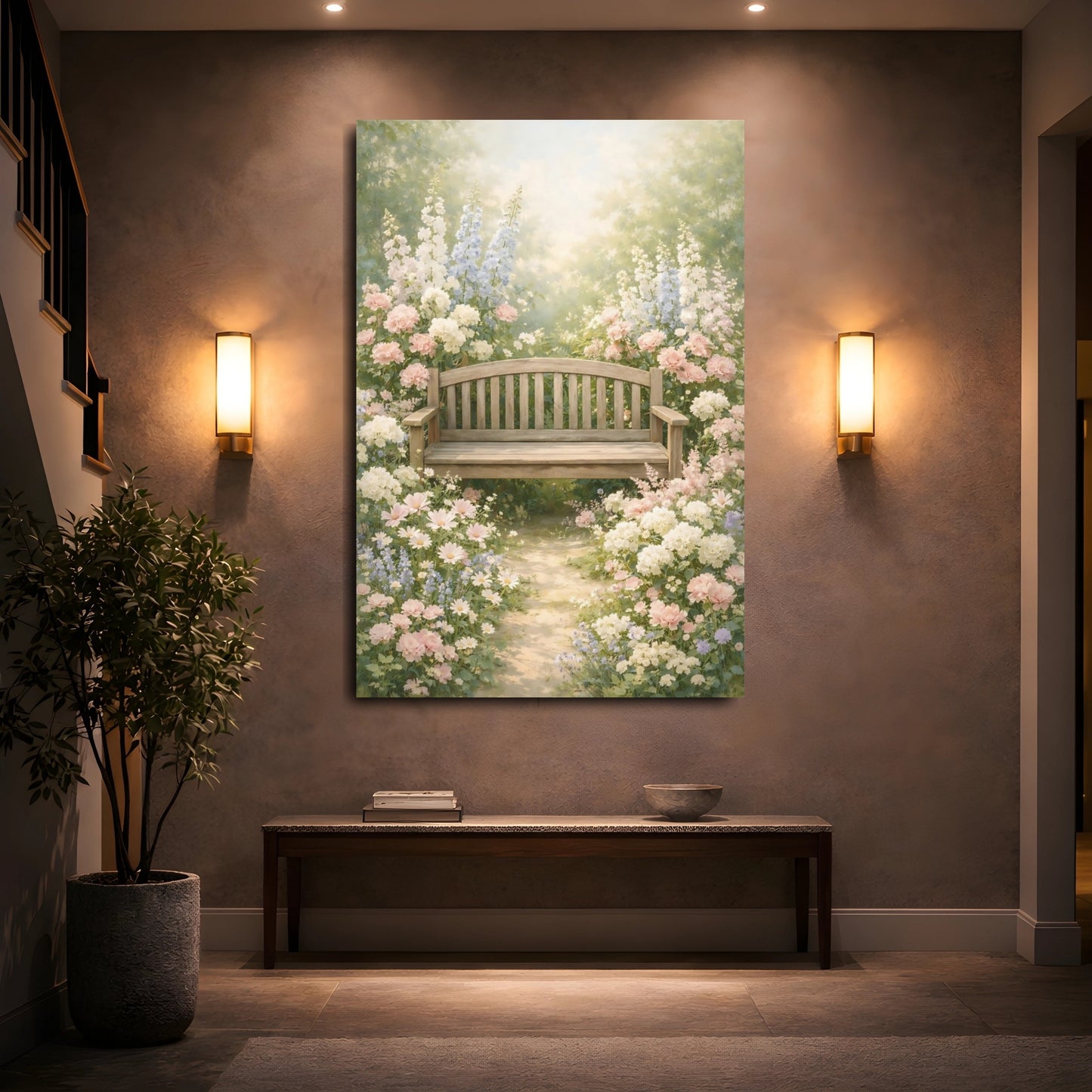 Mockup 4. Nature Garden Bench Pastel Garden shown as stretched canvas wall art