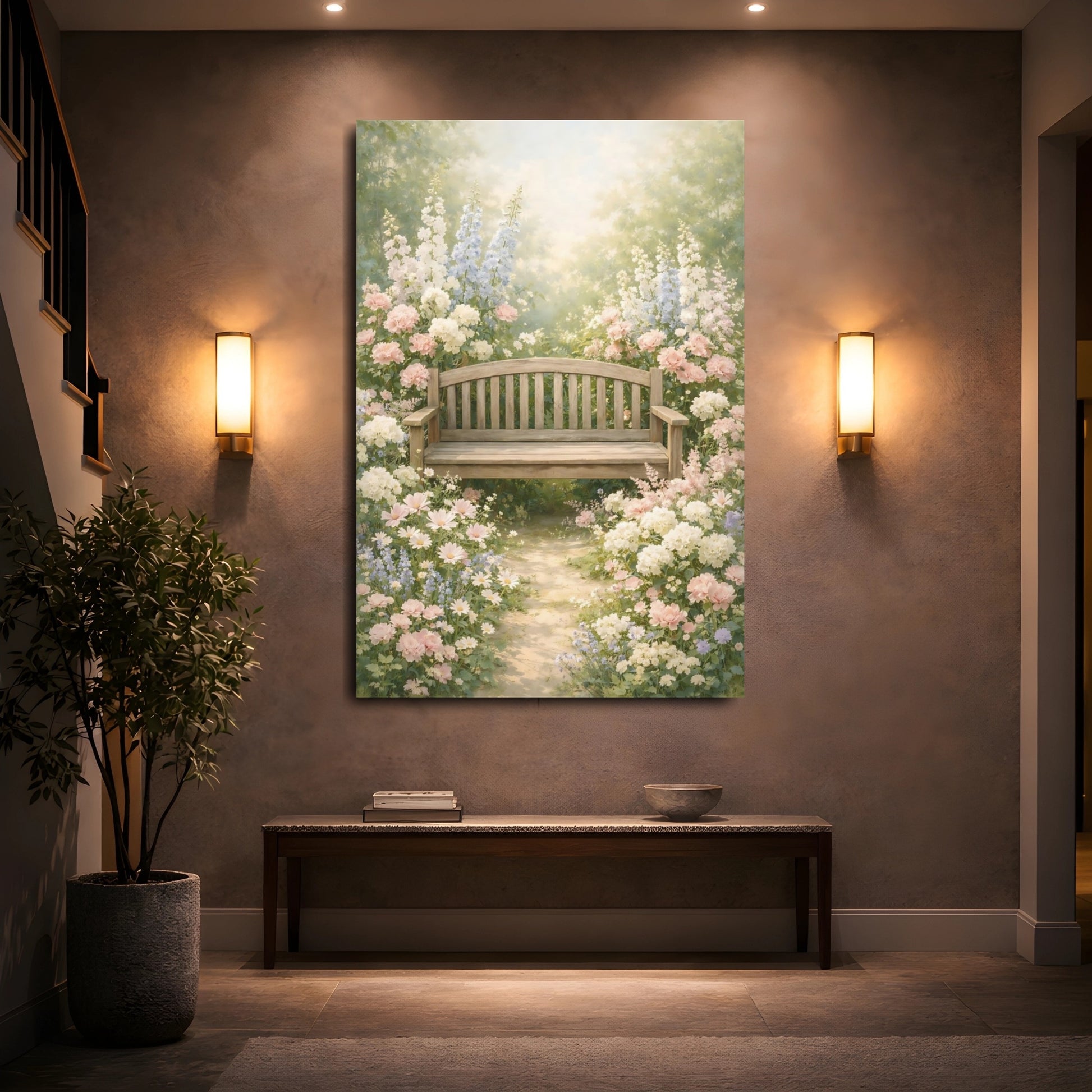 Mockup 4. Nature Garden Bench Pastel Garden shown as stretched canvas wall art