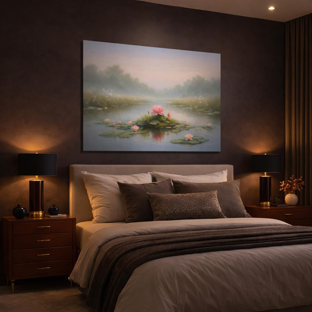 Nature Garden Calm shown as canvas wall art in a luxury bedroom