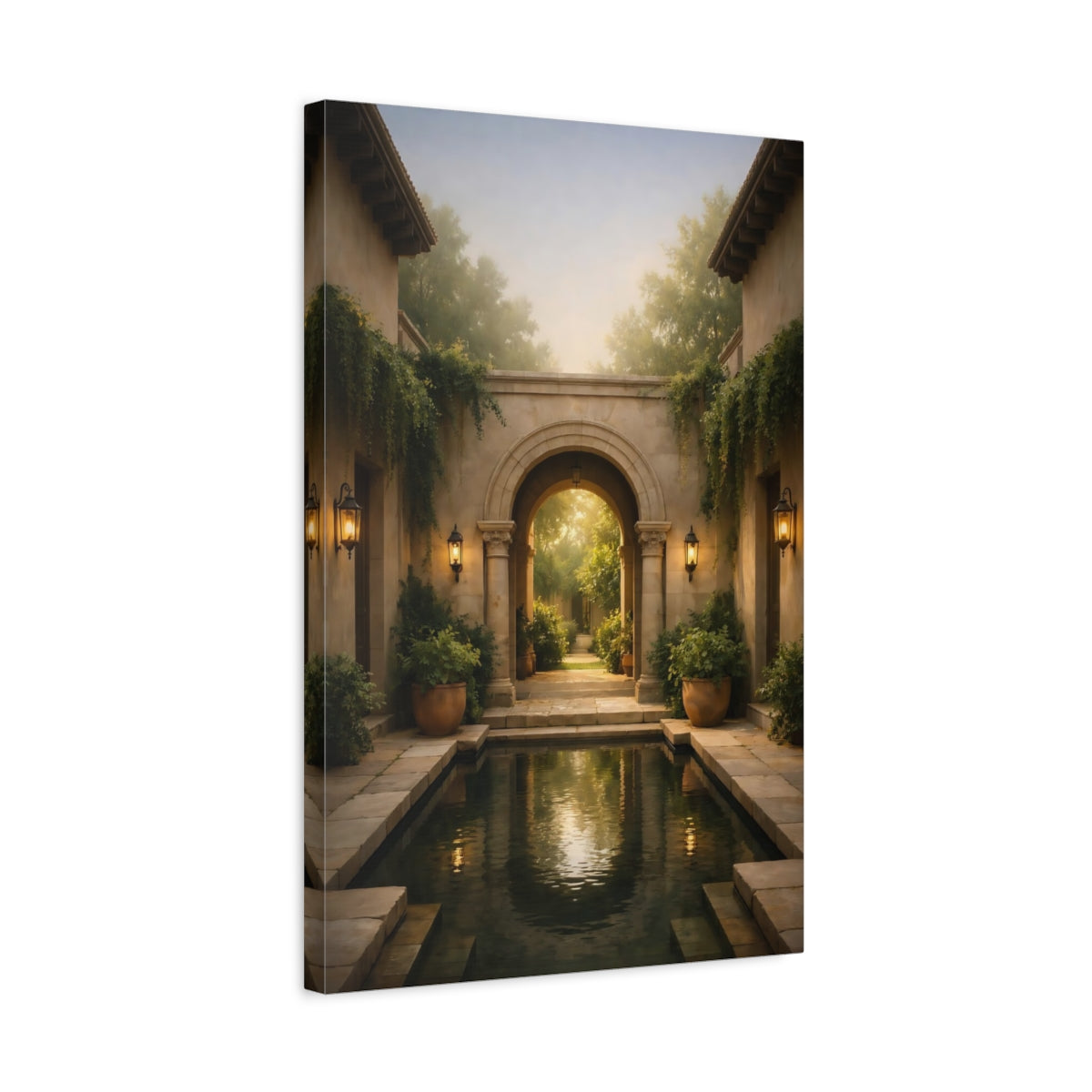 Side Mockup 3. Nature Garden Courtyard Garden Archway shown as stretched canvas wall art