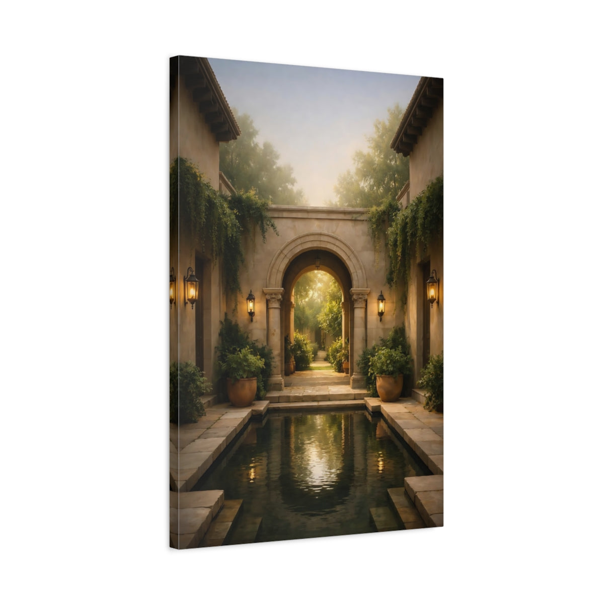 Side Mockup 2. Nature Garden Courtyard Garden Archway shown as stretched canvas wall art