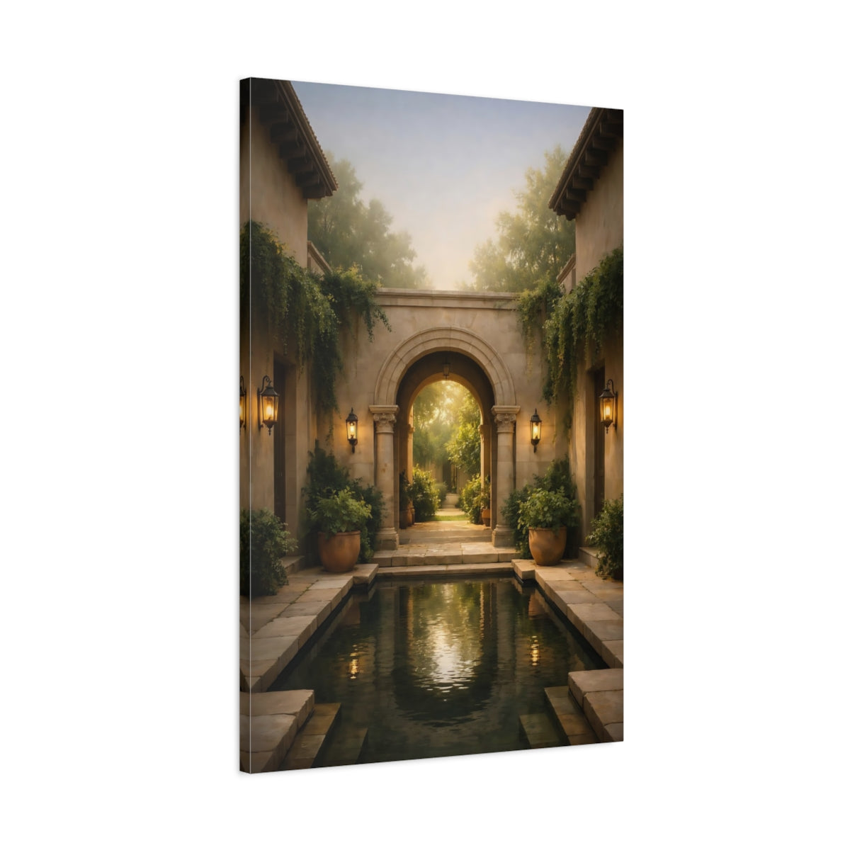Side Mockup 1. Nature Garden Courtyard Garden Archway shown as stretched canvas wall art
