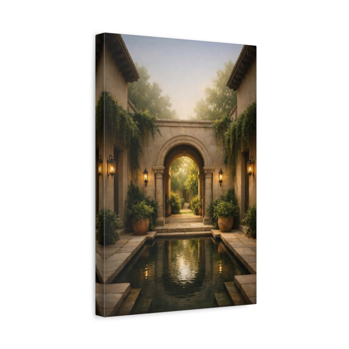 Side Mockup 4. Nature Garden Courtyard Garden Archway shown as stretched canvas wall art