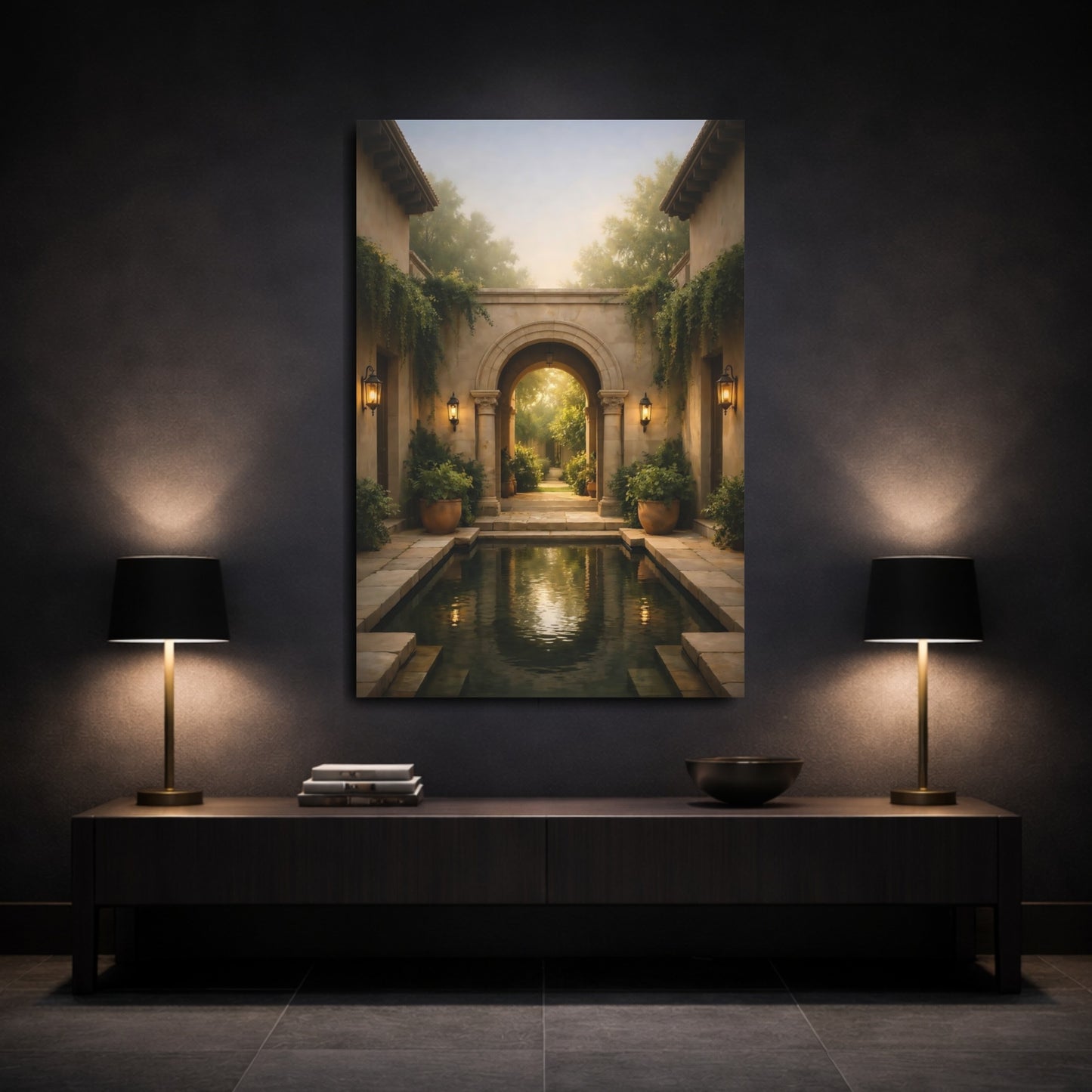Mockup 2. Nature Garden Courtyard Garden Archway shown as stretched canvas wall art