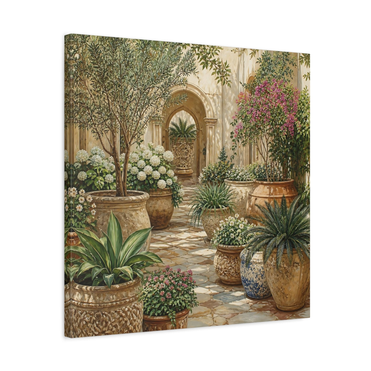 Side Mockup 4. Nature Garden Courtyard Mediterranean Garden shown as stretched canvas wall art