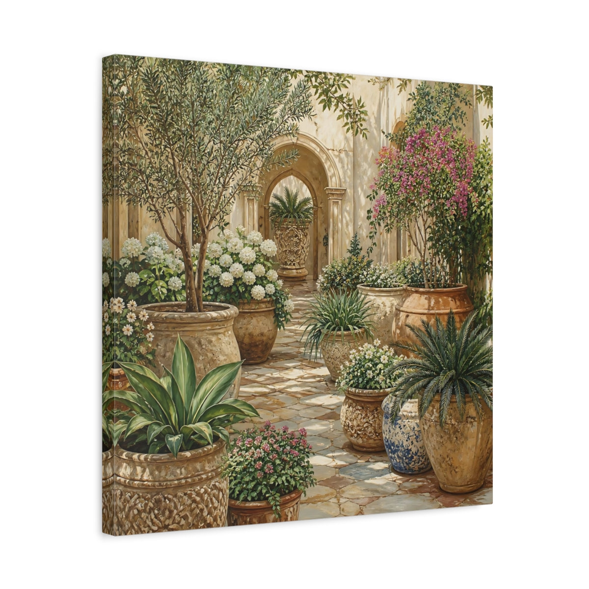 Side Mockup 5. Nature Garden Courtyard Mediterranean Garden shown as stretched canvas wall art