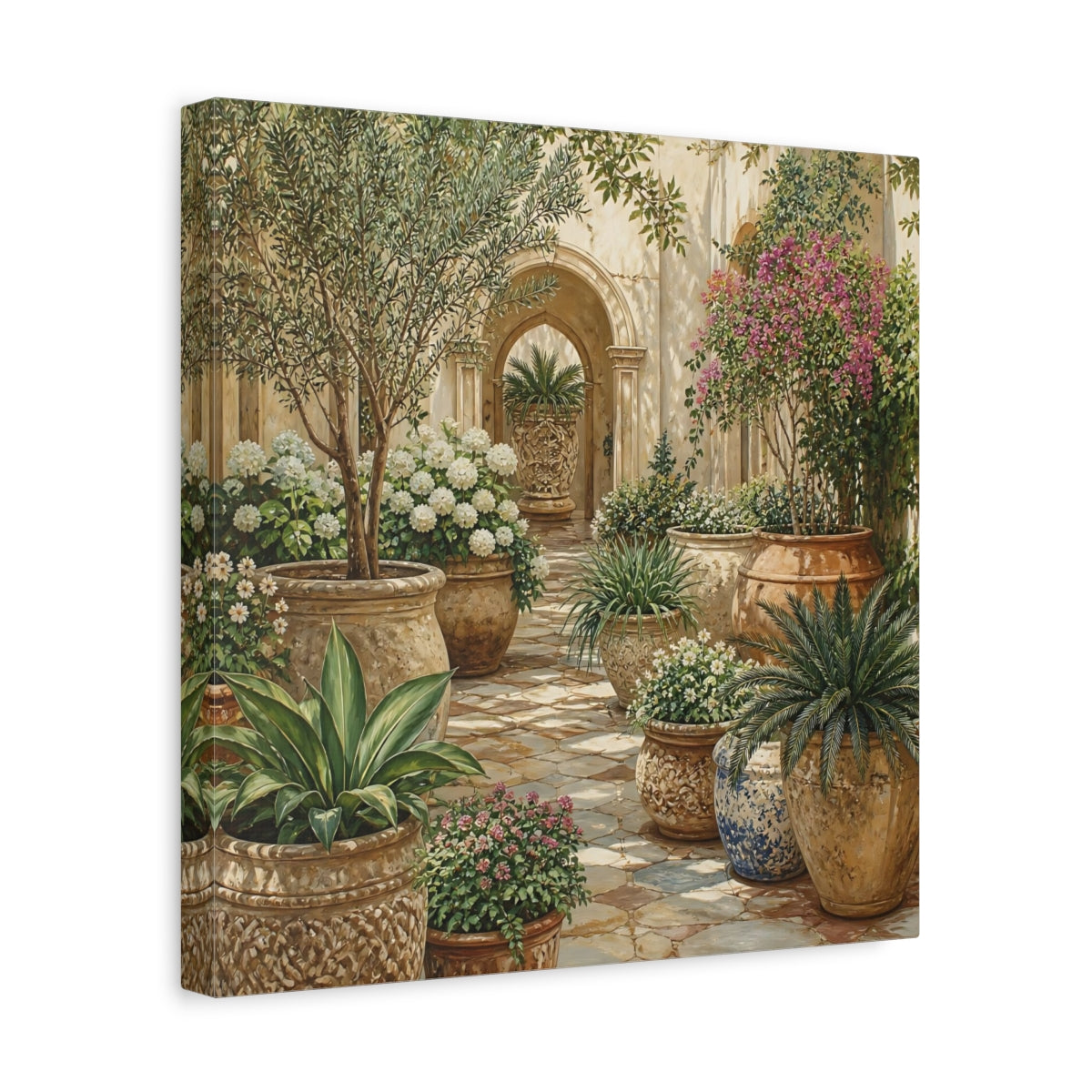 Side Mockup 7. Nature Garden Courtyard Mediterranean Garden shown as stretched canvas wall art