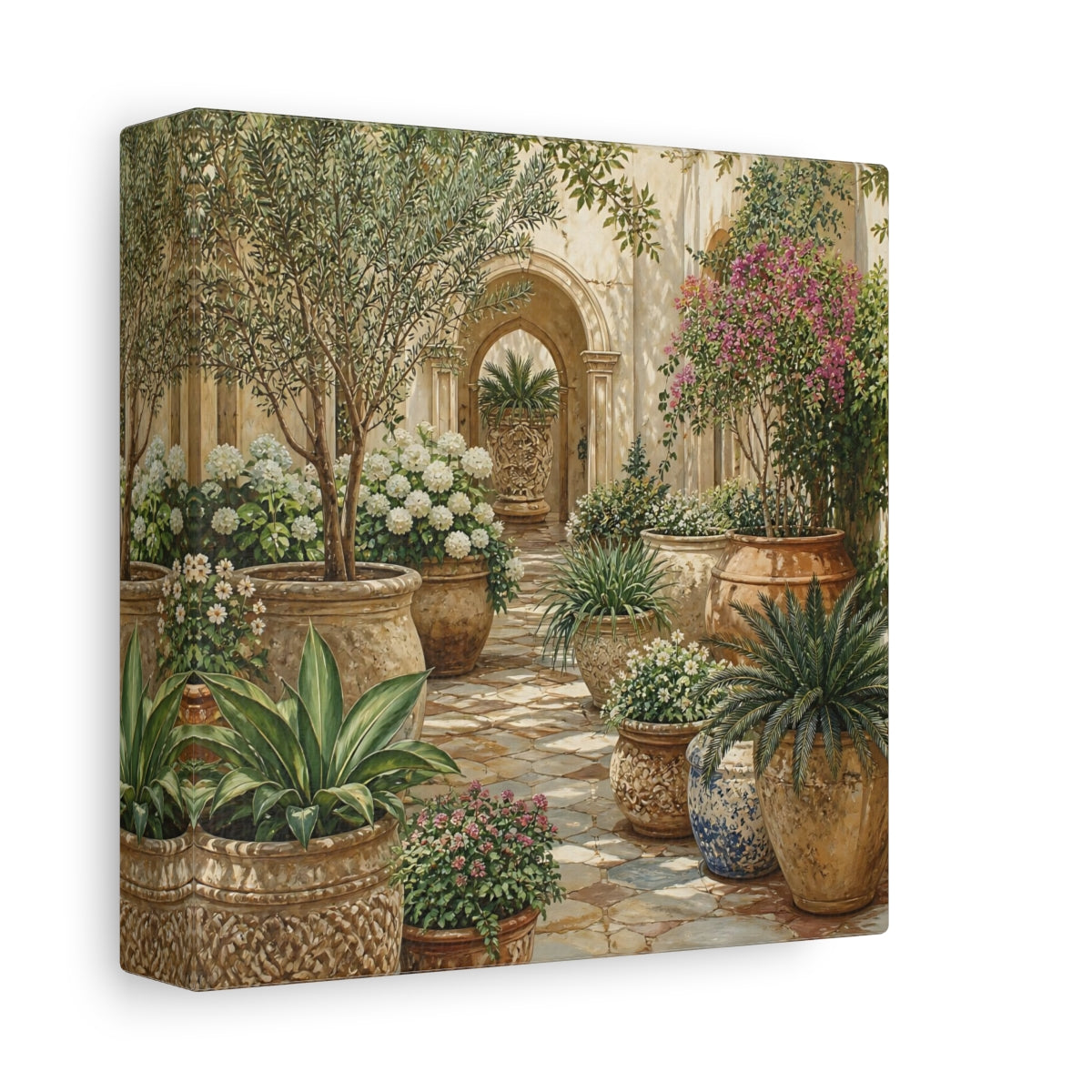 Side Mockup 2. Nature Garden Courtyard Mediterranean Garden shown as stretched canvas wall art