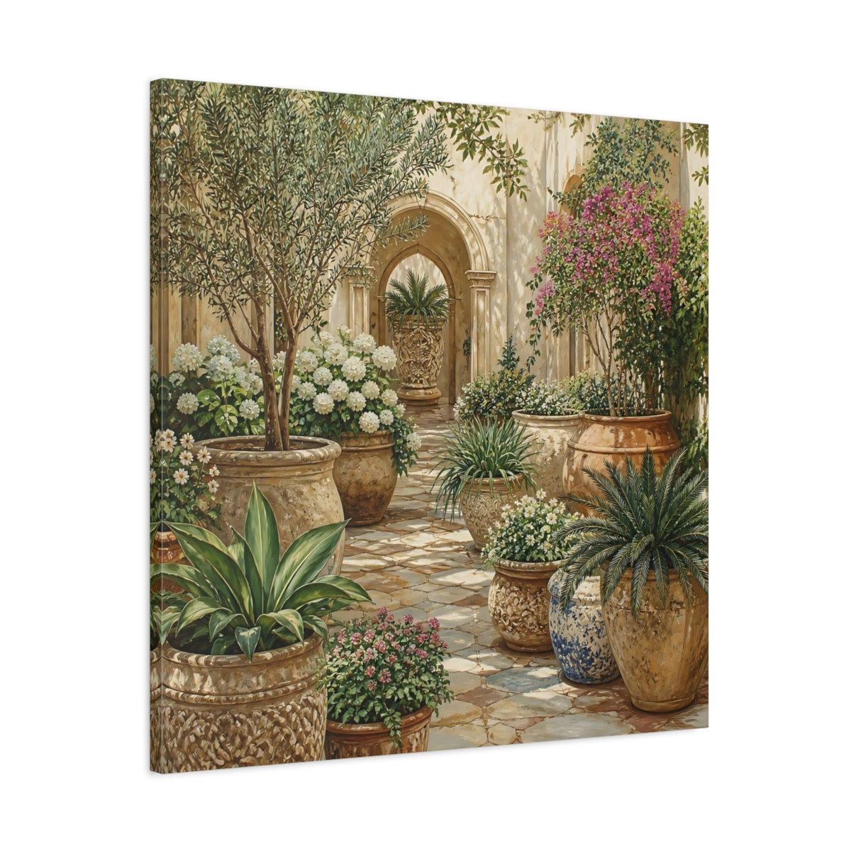 Side Mockup 3. Nature Garden Courtyard Mediterranean Garden shown as stretched canvas wall art
