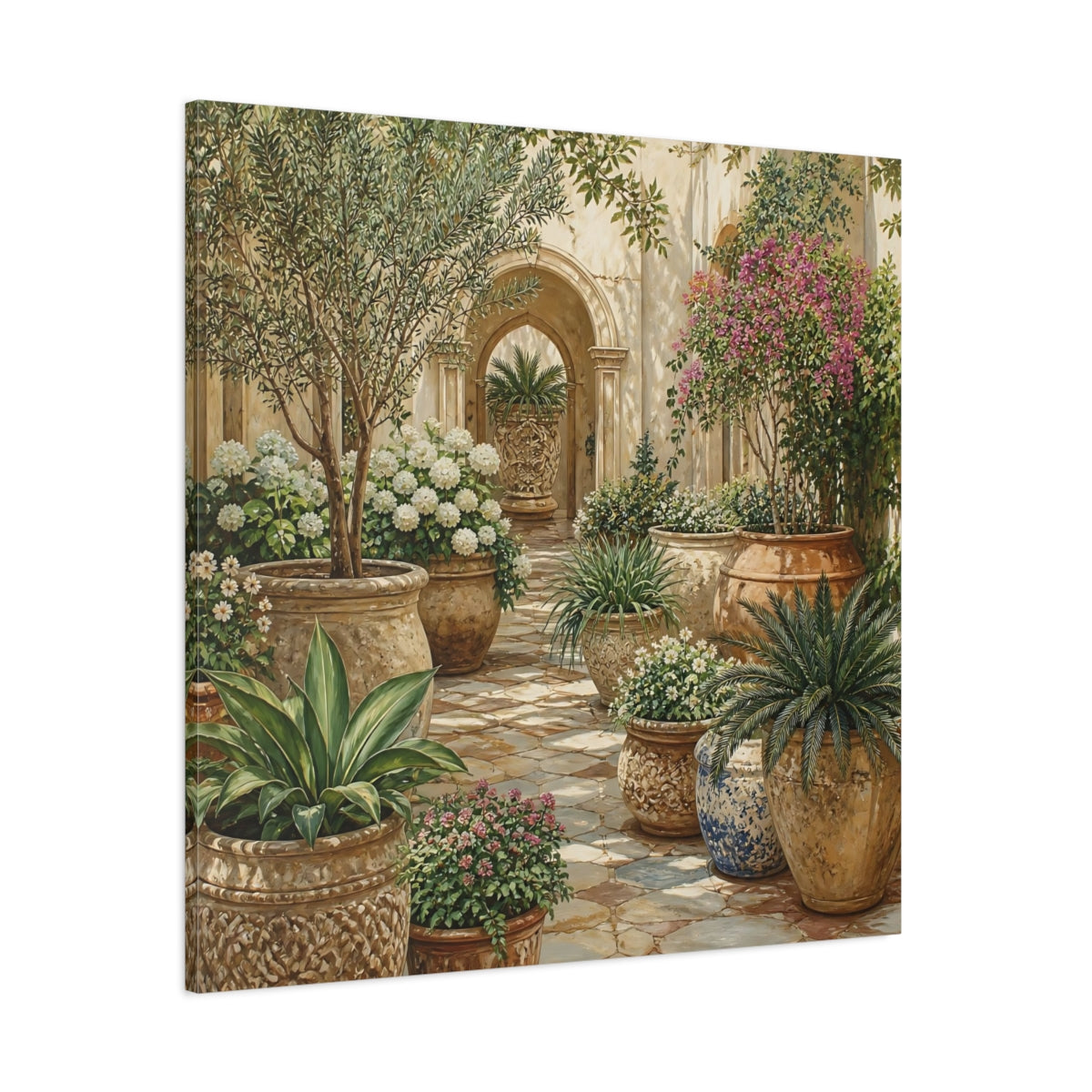 Side Mockup 1. Nature Garden Courtyard Mediterranean Garden shown as stretched canvas wall art