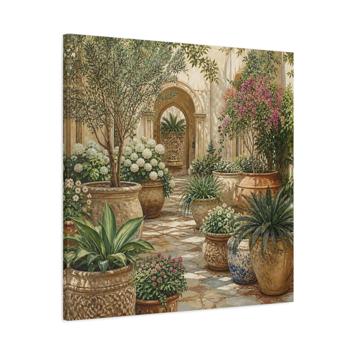 Main Mockup. Nature Garden Courtyard Mediterranean Garden shown as stretched canvas wall art