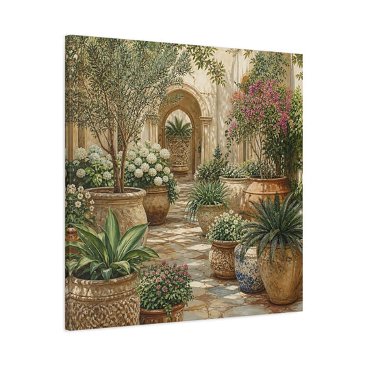 Main Mockup. Nature Garden Courtyard Mediterranean Garden shown as stretched canvas wall art