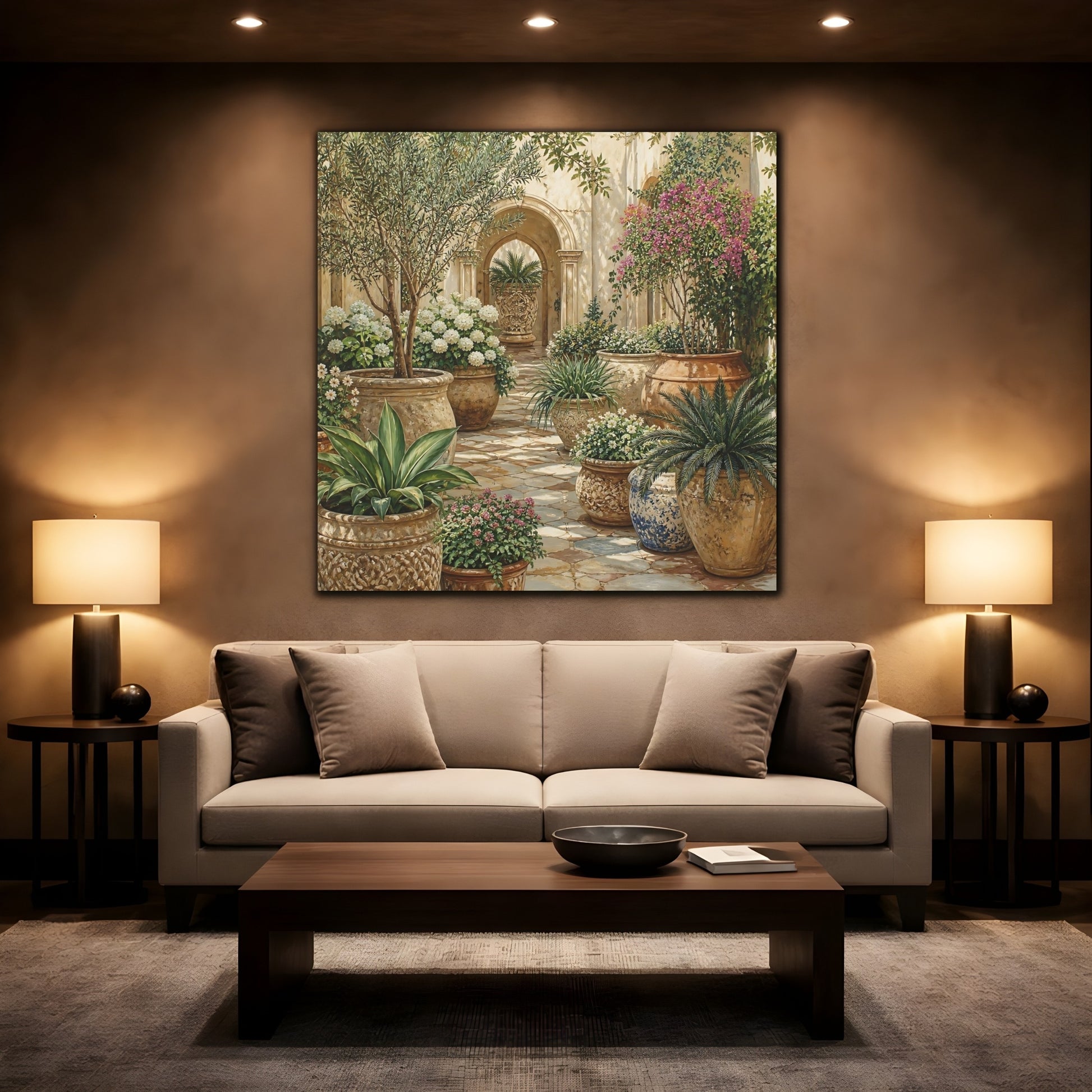 Mockup 2. Nature Garden Courtyard Mediterranean Garden shown as stretched canvas wall art