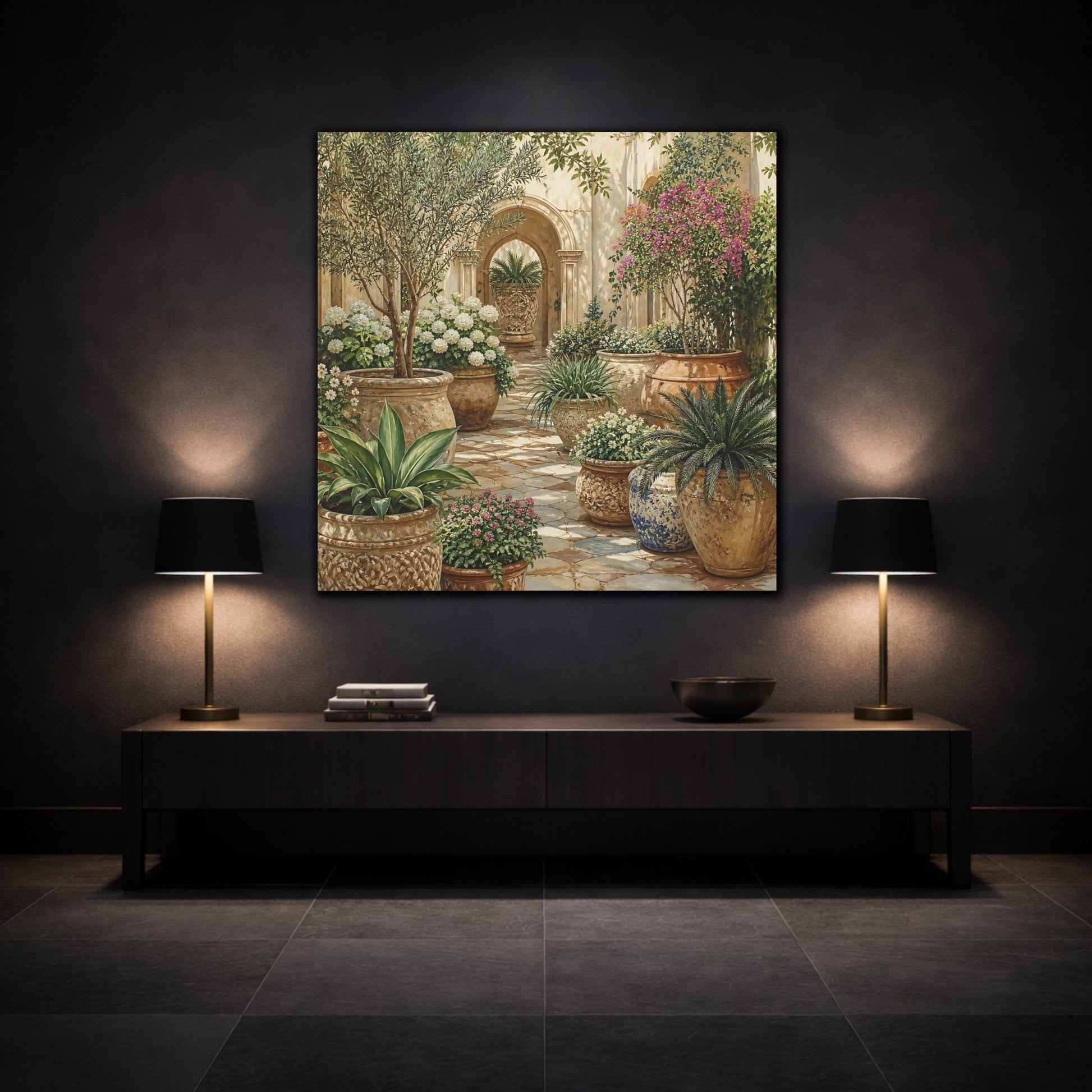 Mockup 3. Nature Garden Courtyard Mediterranean Garden shown as stretched canvas wall art