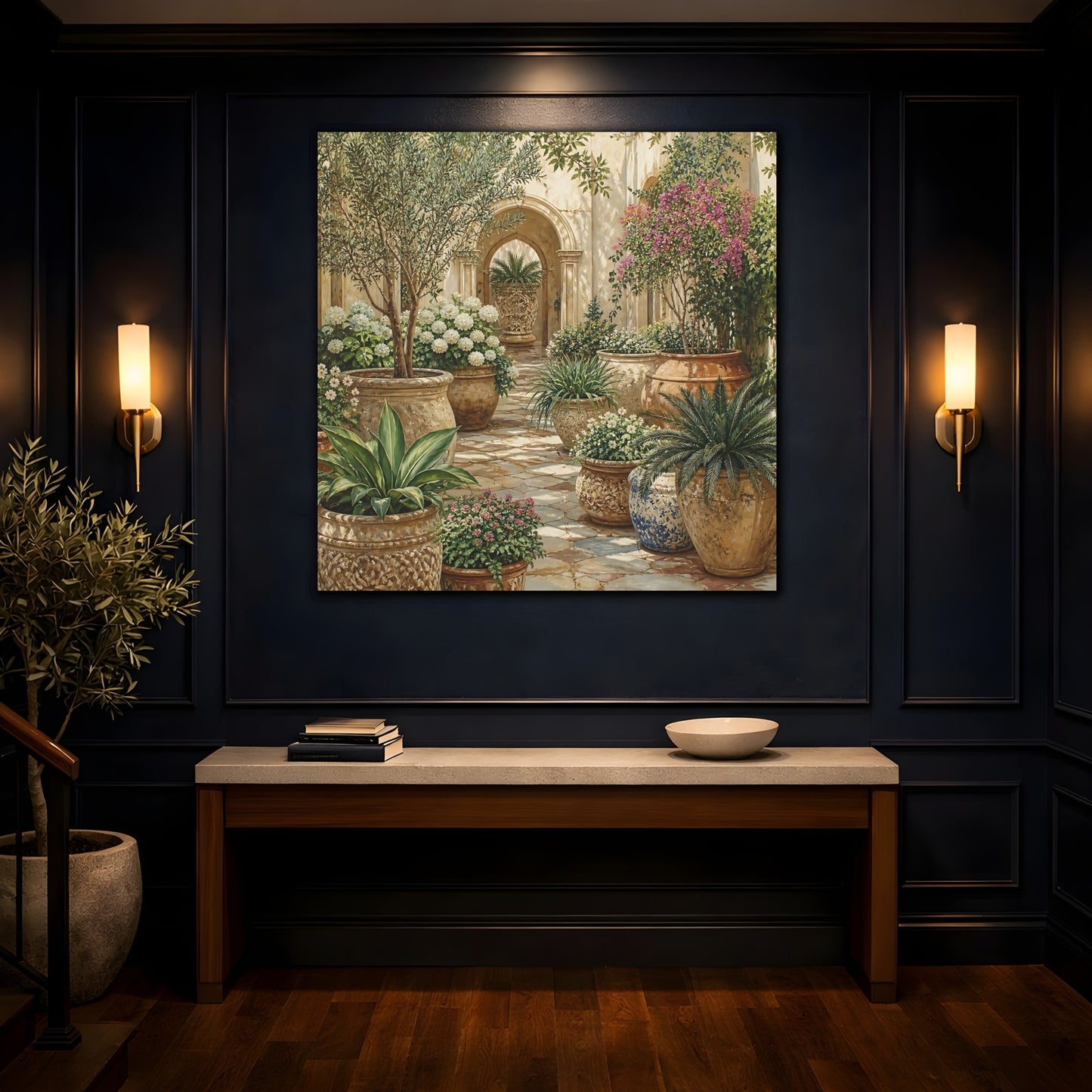 Mockup 4. Nature Garden Courtyard Mediterranean Garden shown as stretched canvas wall art