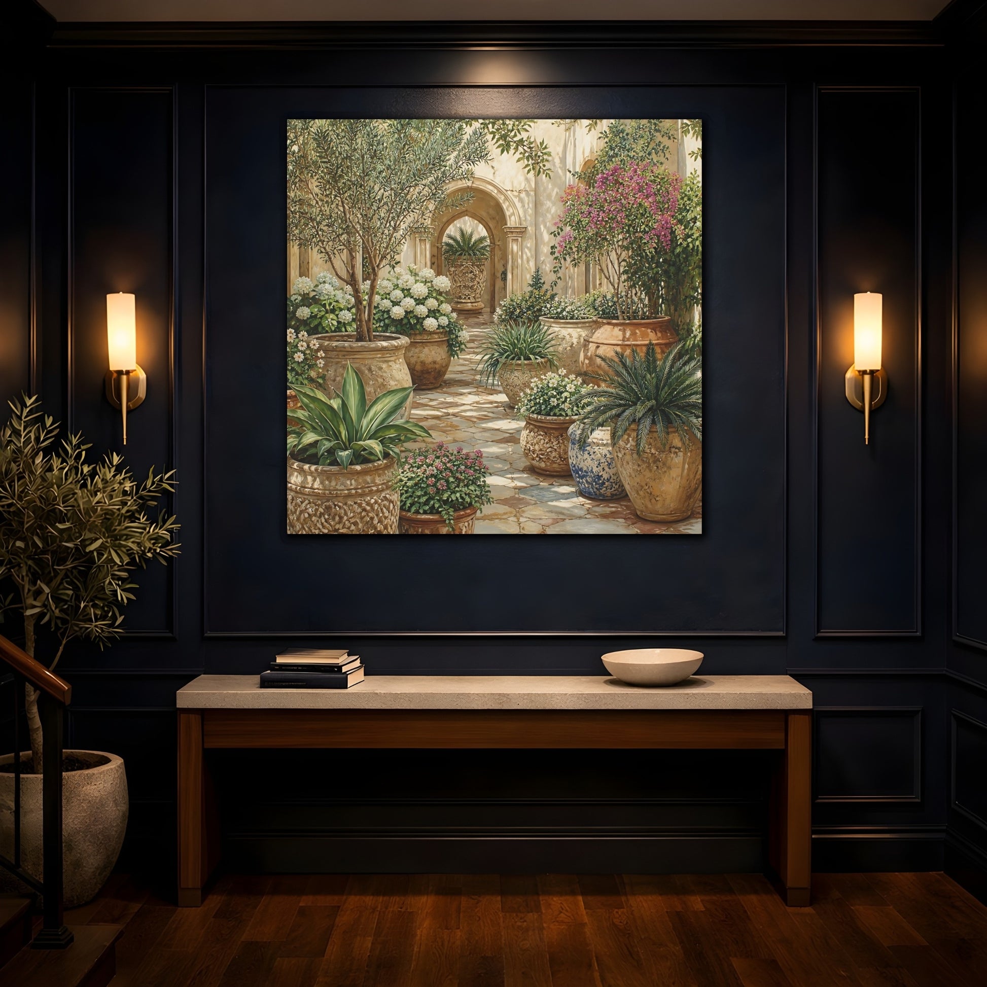 Mockup 4. Nature Garden Courtyard Mediterranean Garden shown as stretched canvas wall art