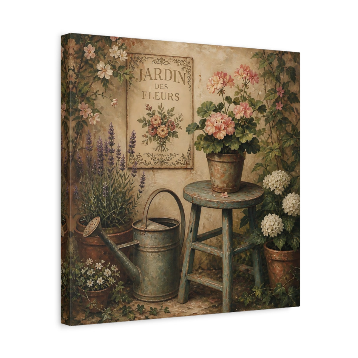 Side Mockup 6. Nature Garden Flowers Vintage Garden shown as stretched canvas wall art