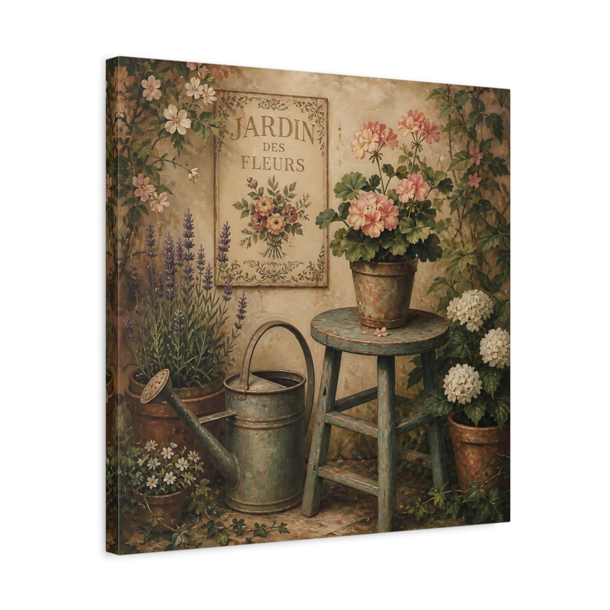 Side Mockup 5. Nature Garden Flowers Vintage Garden shown as stretched canvas wall art