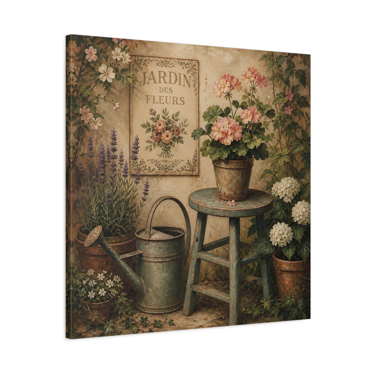 Side Mockup 3. Nature Garden Flowers Vintage Garden shown as stretched canvas wall art