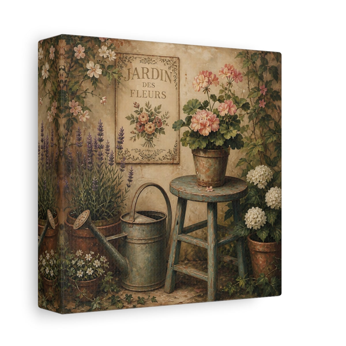Side Mockup 2. Nature Garden Flowers Vintage Garden shown as stretched canvas wall art