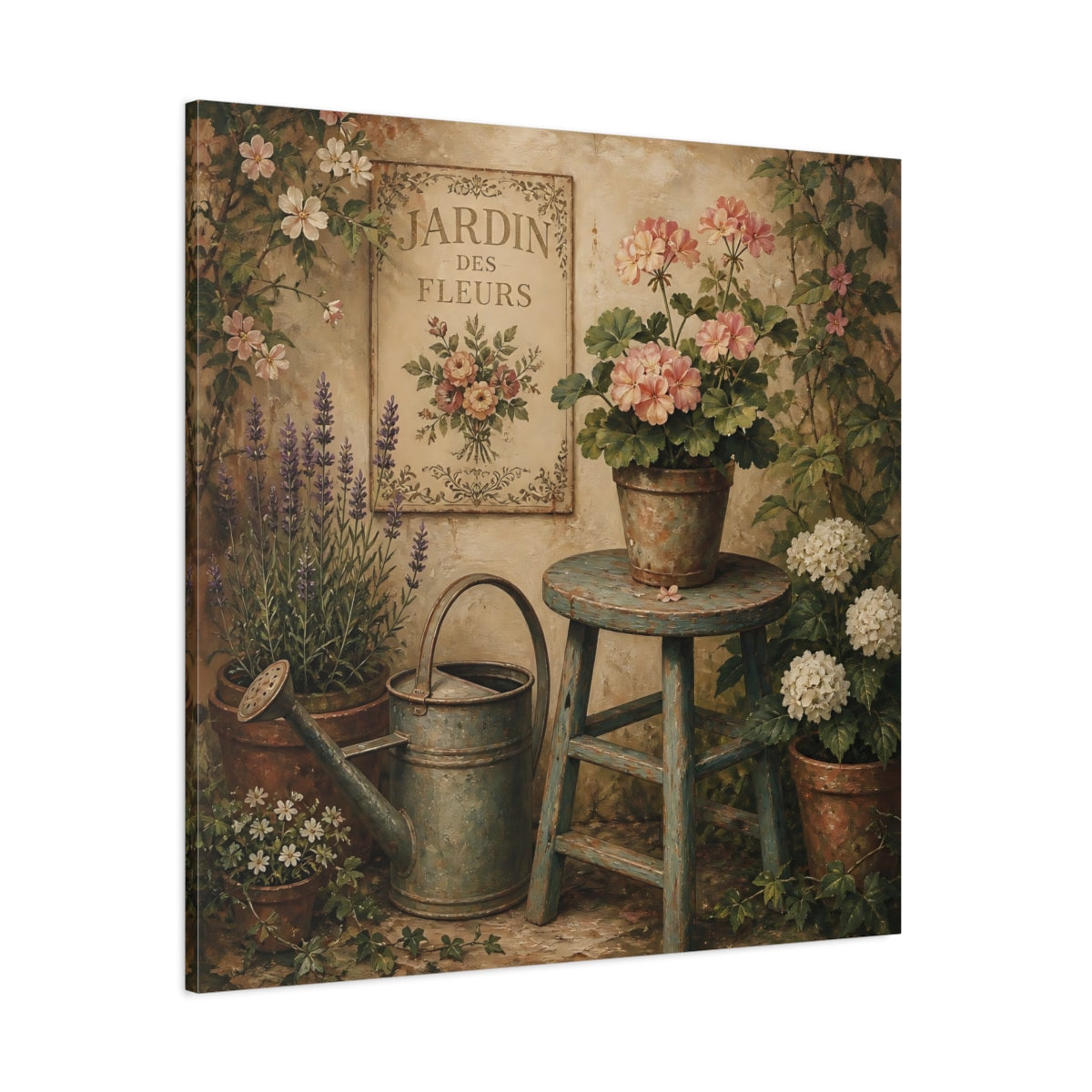 Side Mockup 1. Nature Garden Flowers Vintage Garden shown as stretched canvas wall art