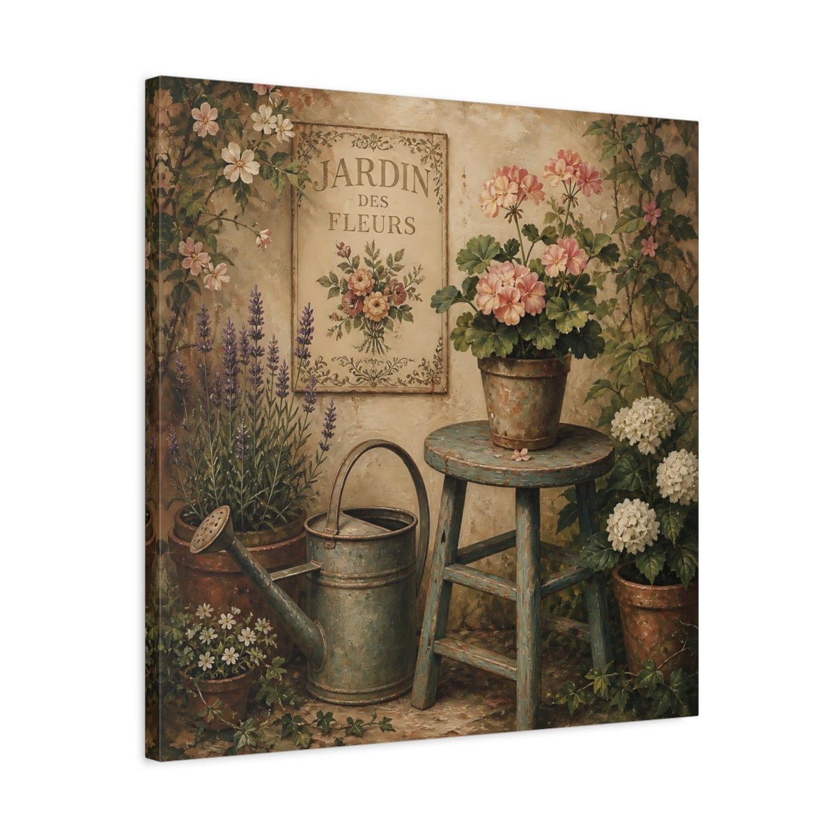 Side Mockup 4. Nature Garden Flowers Vintage Garden shown as stretched canvas wall art
