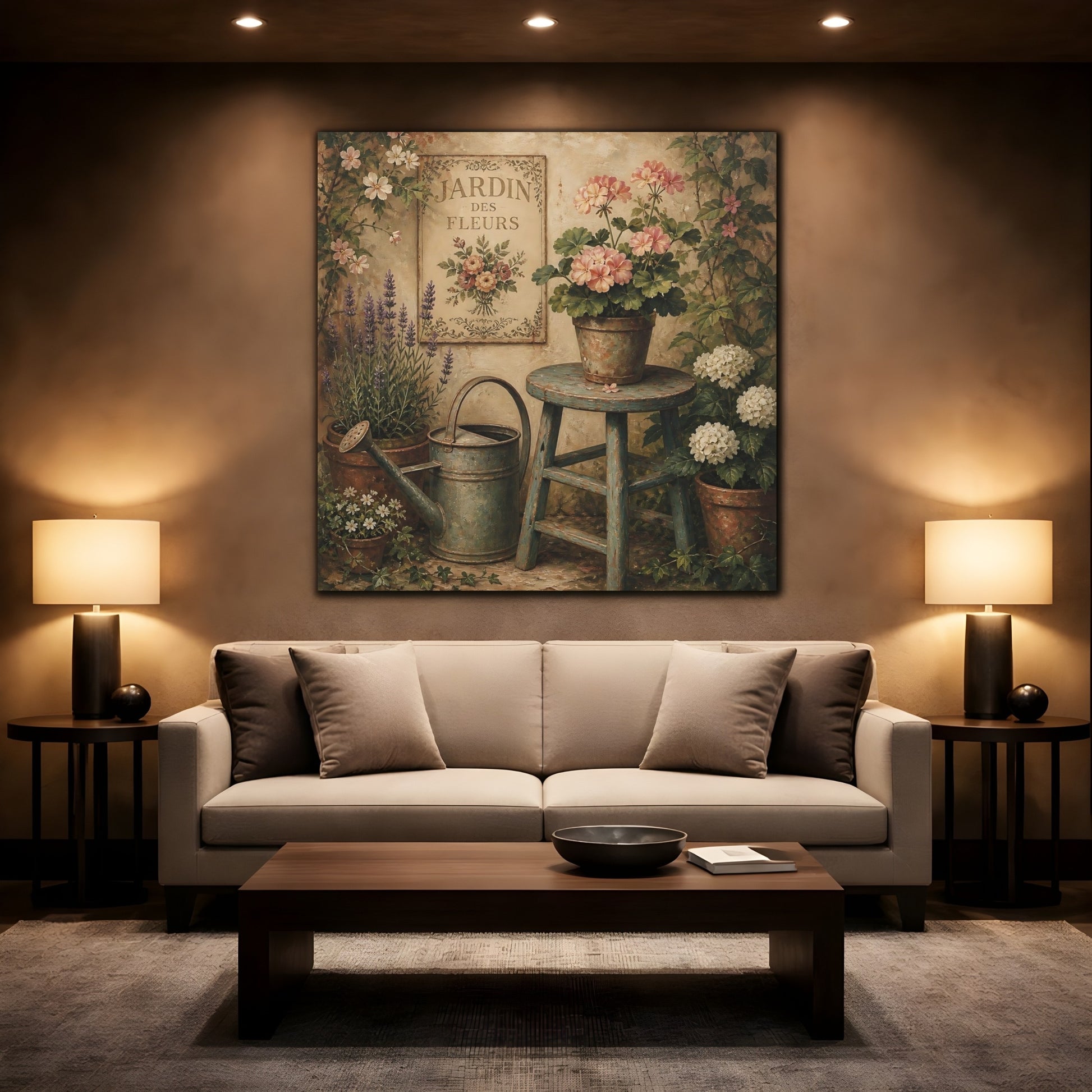Mockup 2. Nature Garden Flowers Vintage Garden shown as stretched canvas wall art