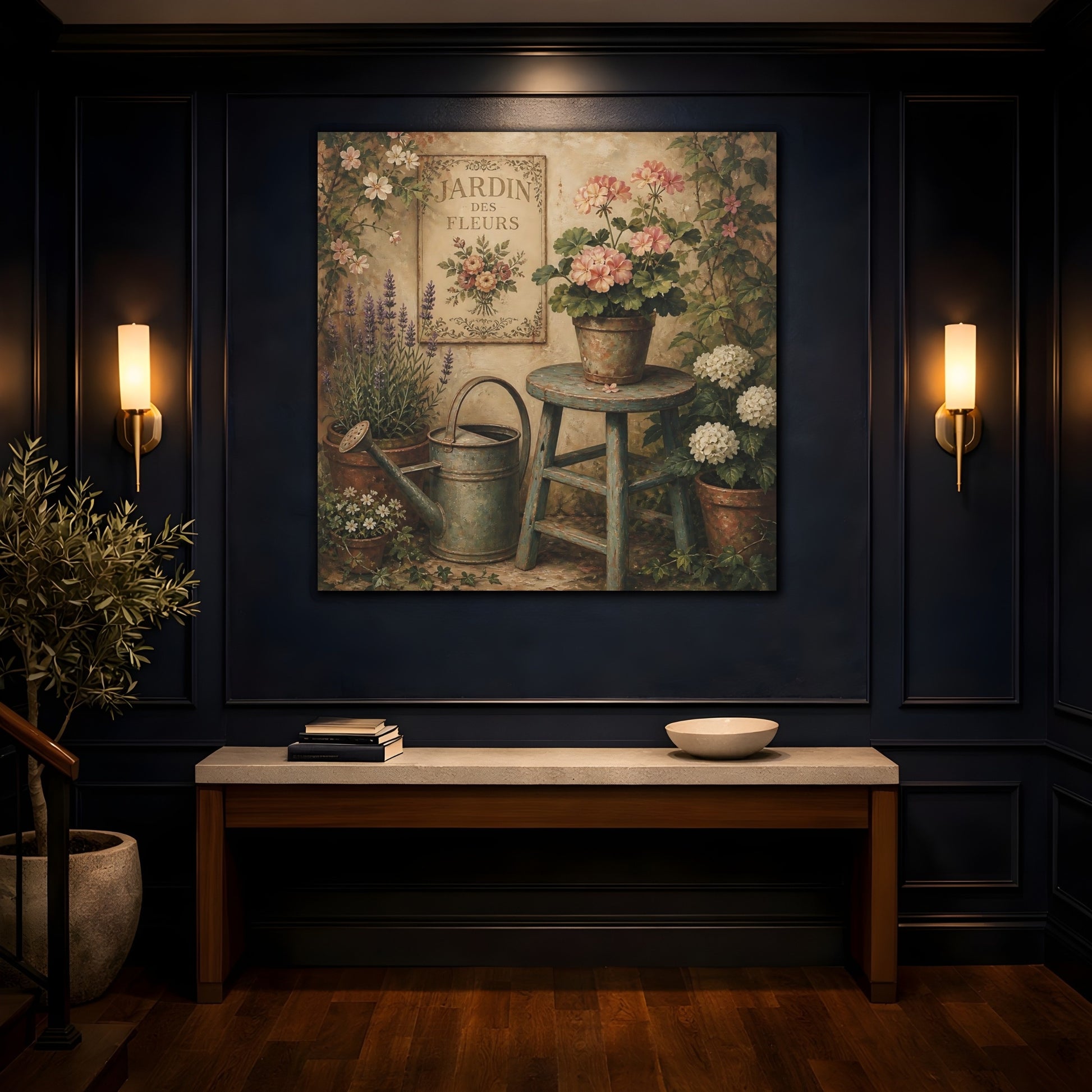 Mockup 4. Nature Garden Flowers Vintage Garden shown as stretched canvas wall art