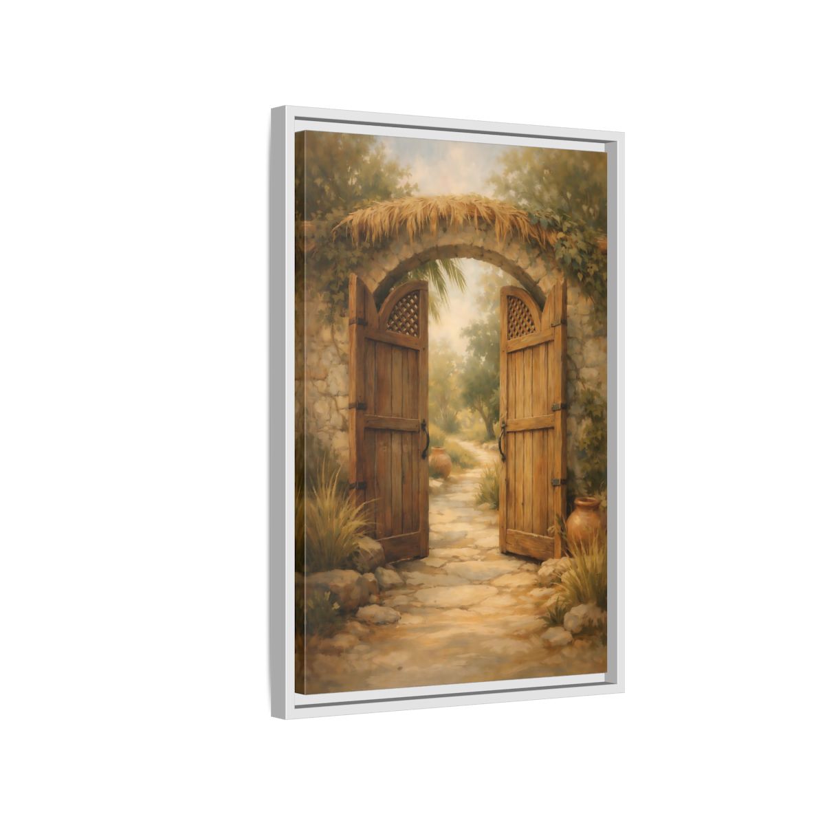 Side Mockup 1. Nature Garden Gate Earthy Garden shown as stretched canvas wall art